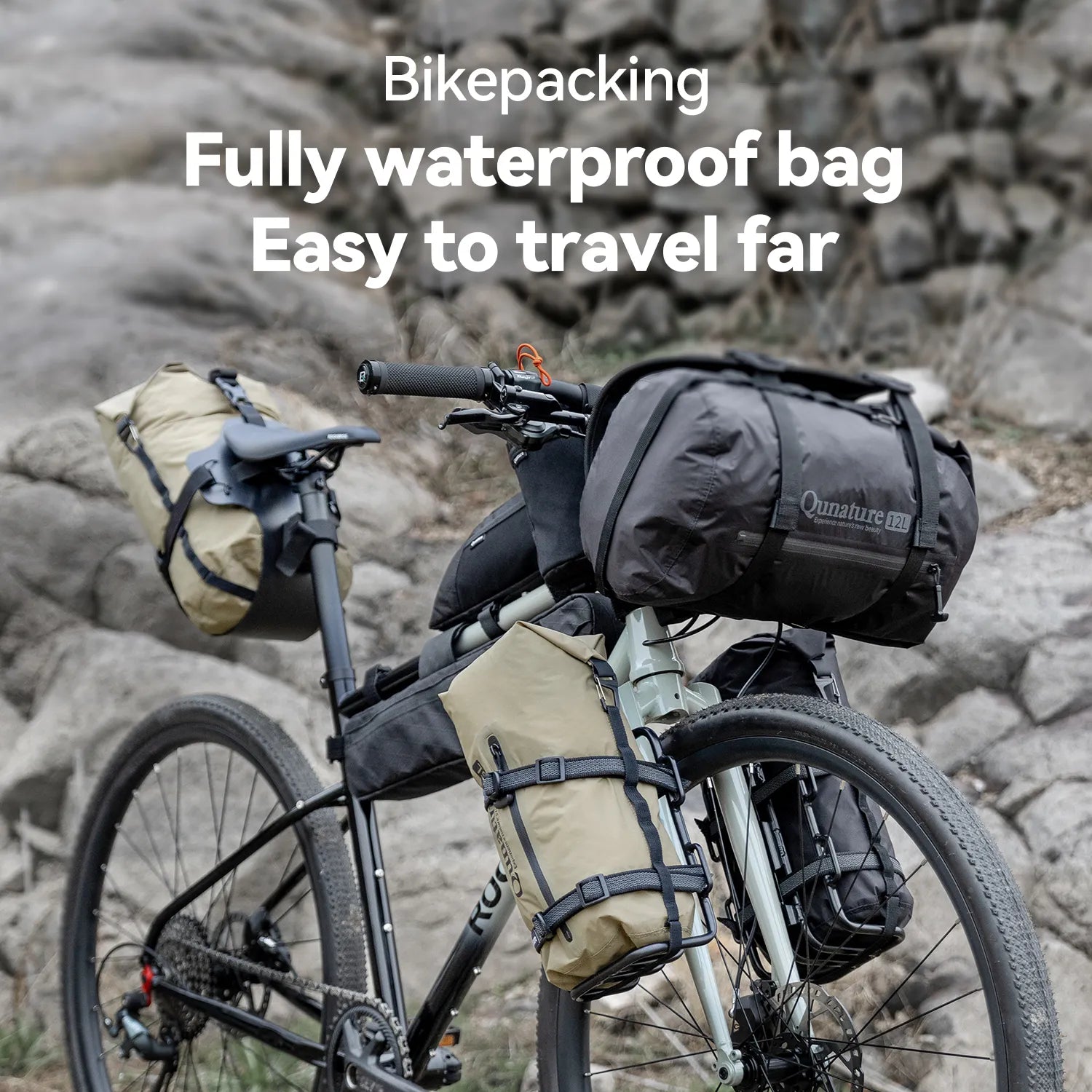 Bikepacking rear rack with waterproof compression bag by Qunature Global, showcasing durable design for outdoor adventures.