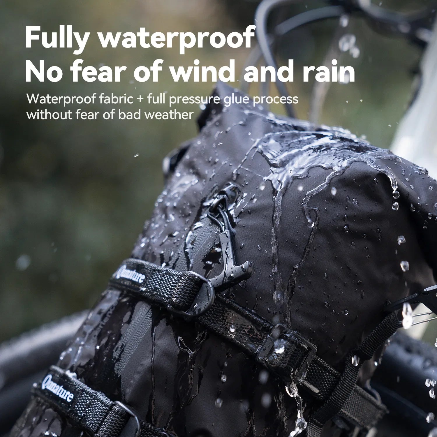 Qunature Global bikepacking rear rack with waterproof compression bag, ideal for outdoor adventures and gear storage.