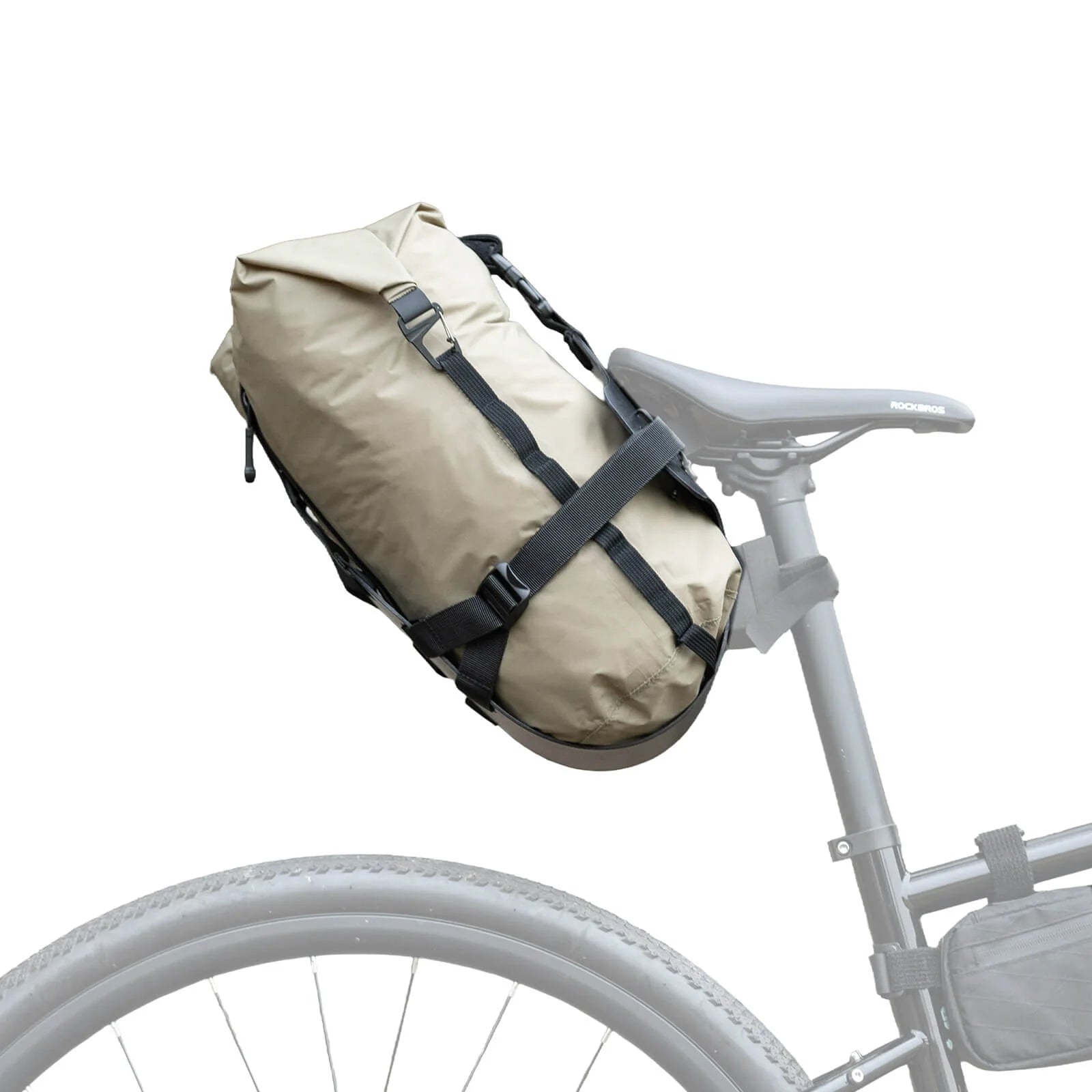 Qunature Global bikepacking rear rack with waterproof compression bag mounted on a bicycle.