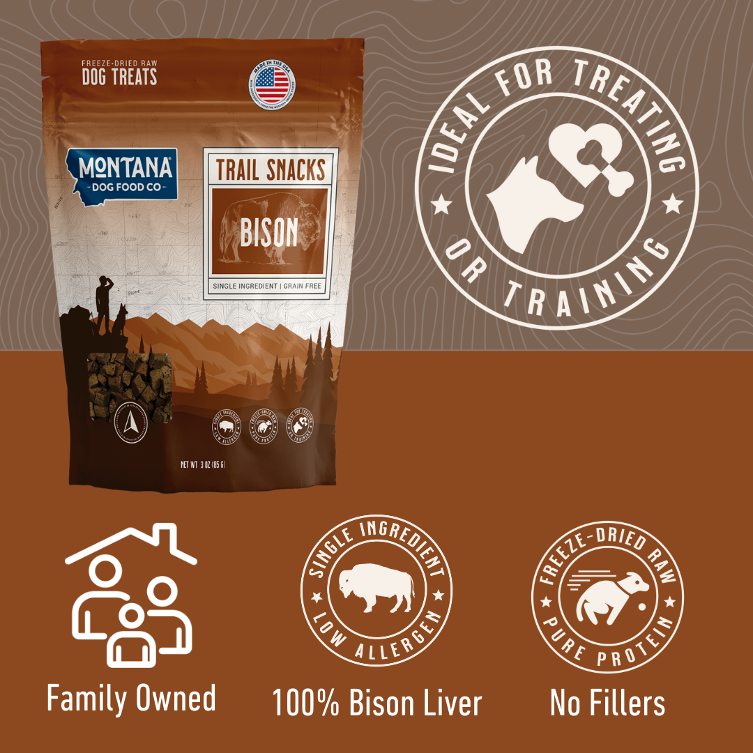 Close-up of Montana Dog Food Co Bison Liver freeze-dried raw treats for dogs in a 3oz package, showing the snack pieces and branding.