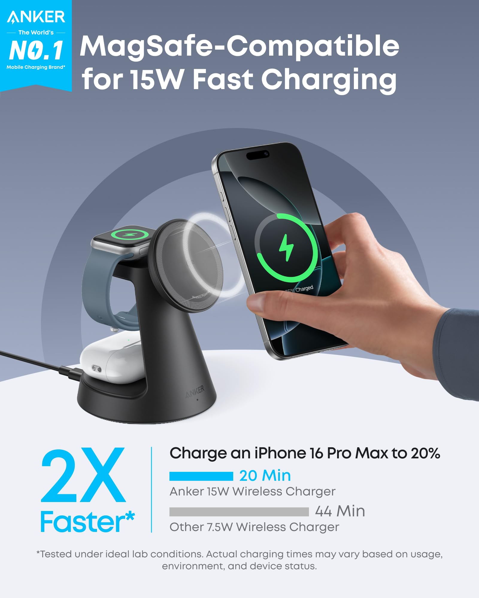 Anker MagGo 3-in-1 wireless charging station with black dock stand for iPhone, Apple Watch, and AirPods, sleek and modern design.