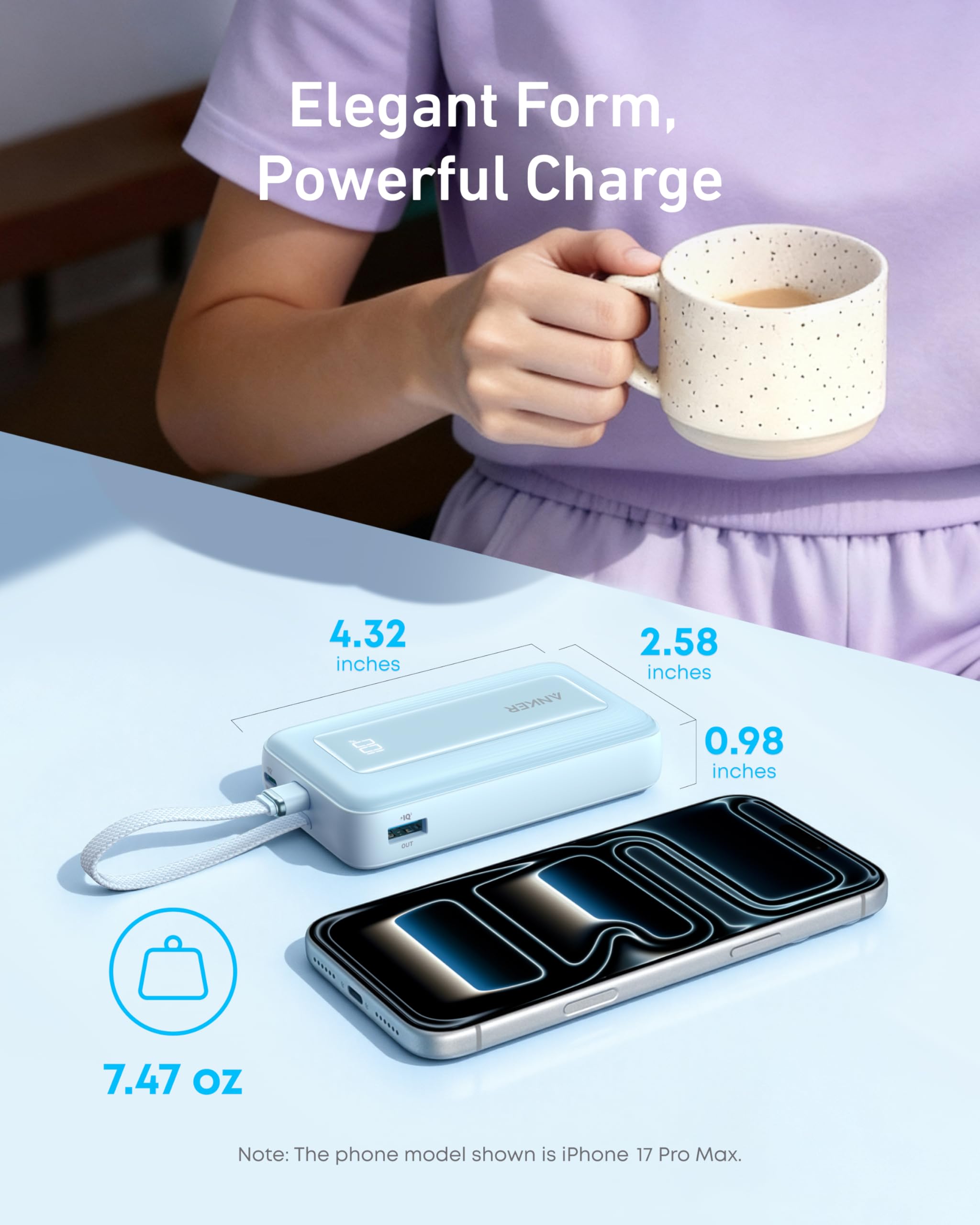 Black Anker Zolo Power Bank with 10,000mAh capacity, 30W charging, featuring a built-in 5.4-inch USB-C cable.