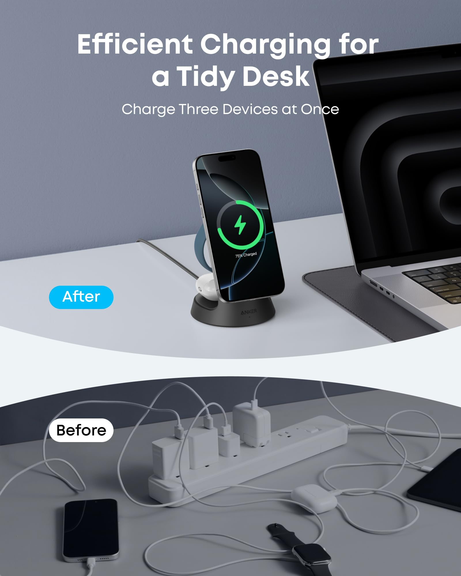 Black Anker MagGo 3-in-1 wireless charging station with dock stand for iPhone, Apple Watch, and AirPods.