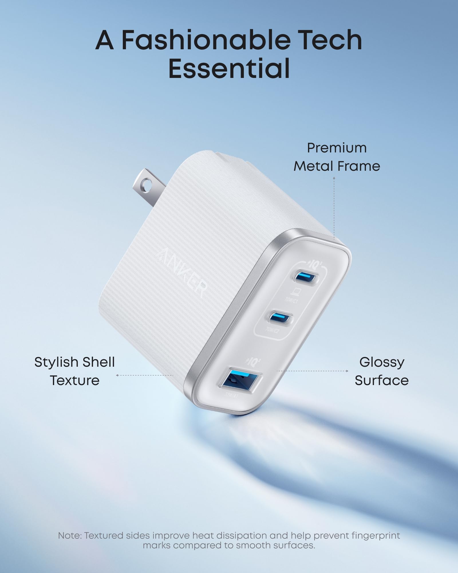 Anker Nano Charger with 70W power and three USB ports in black, compact and lightweight for fast device charging.