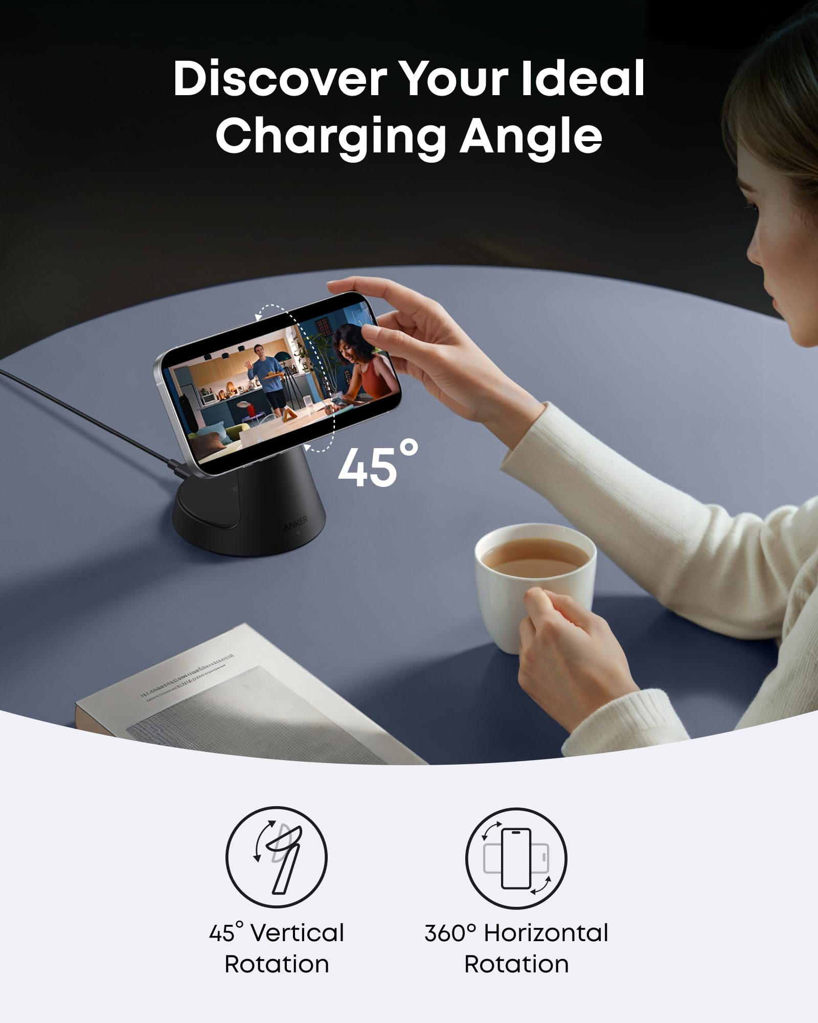 Anker MagGo 3-in-1 wireless charging station with black dock stand, charging phone, AirPods, and Apple Watch simultaneously.
