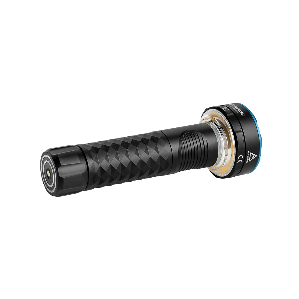 Black MUCITUP Olight Prowess multifunctional flashlight with bidirectional lighting, shown with adjustable tripod (sold separately).