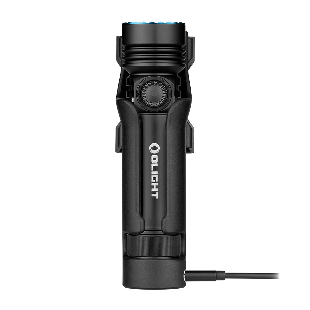 MUCITUP Olight Seeker 4 Pro rechargeable flashlight with black FDE finish, emitting bright light, USB-C charging port visible.
