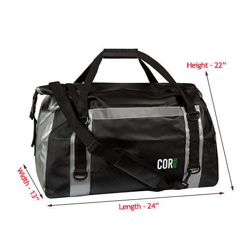 Black waterproof roll-top dry duffel bag by COR Surf, 60L capacity, durable waterproof fabric, and adjustable shoulder strap.