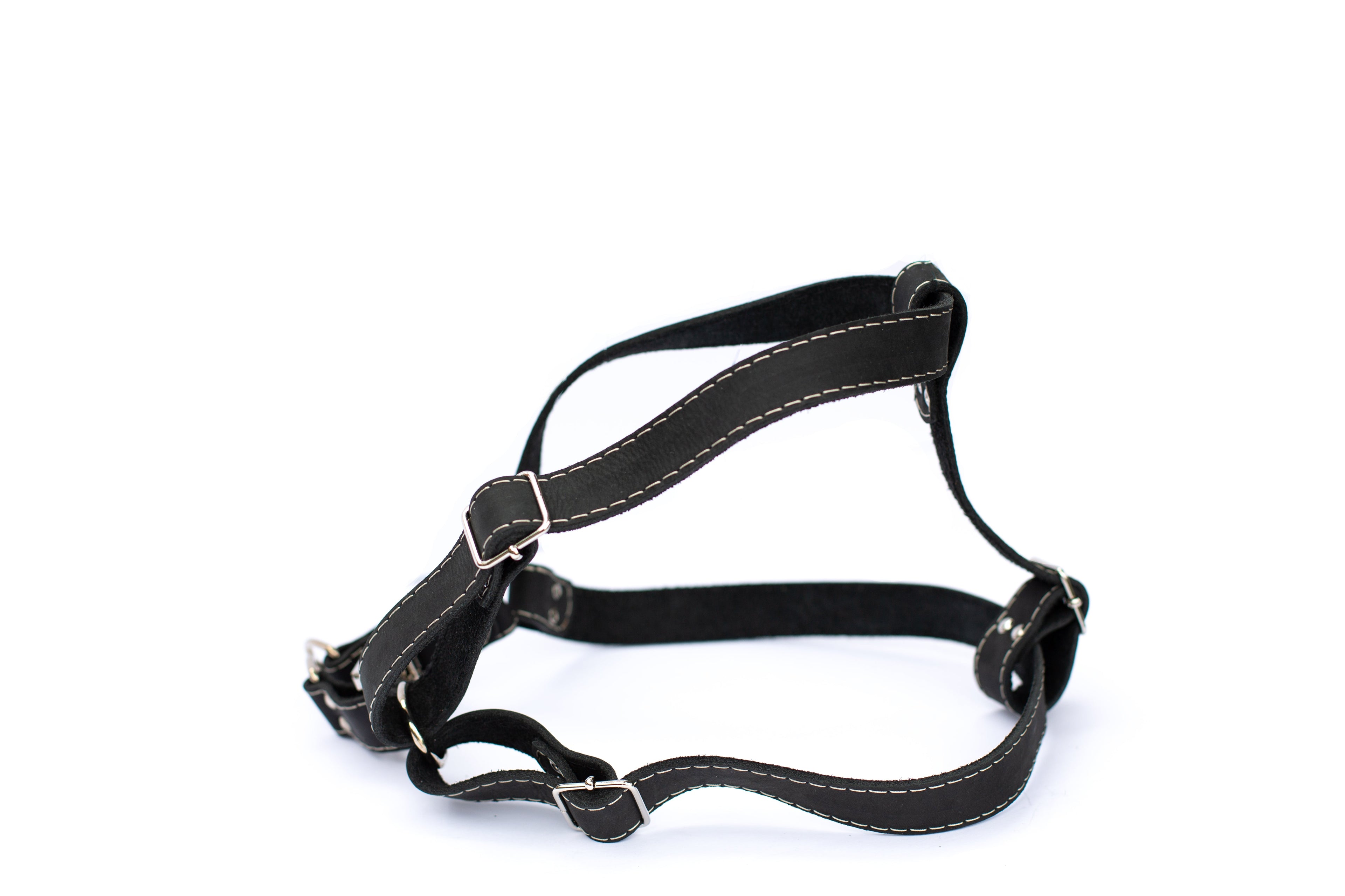 Black leather dog harness from Euro-Dog Collars and Leads, showcasing a secure step-in design and durable craftsmanship.