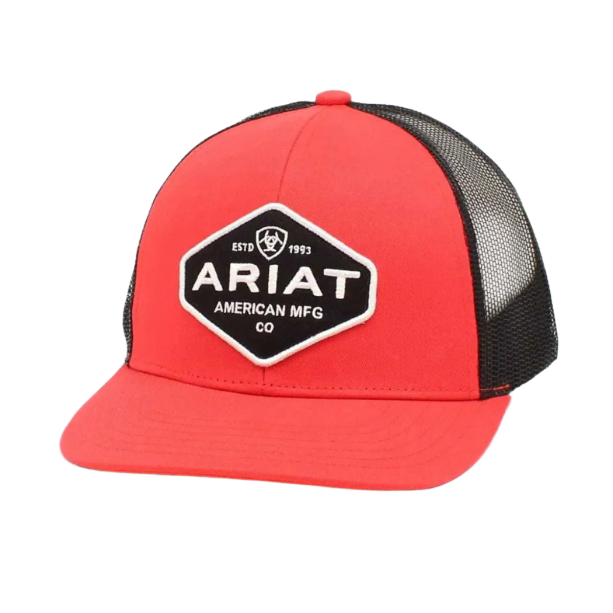Black and red ARIAT Red Raider trucker cap with mesh back and curved brim, stylish headwear by HatCountry.