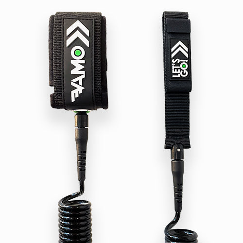 Black Vamo Life full coil SUP paddleboard leash coiled for secure water sports safety and mobility.