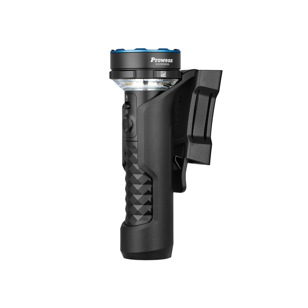 Black MUCITUP Olight Prowess multifunctional flashlight with bidirectional lighting, shown on a plain background.