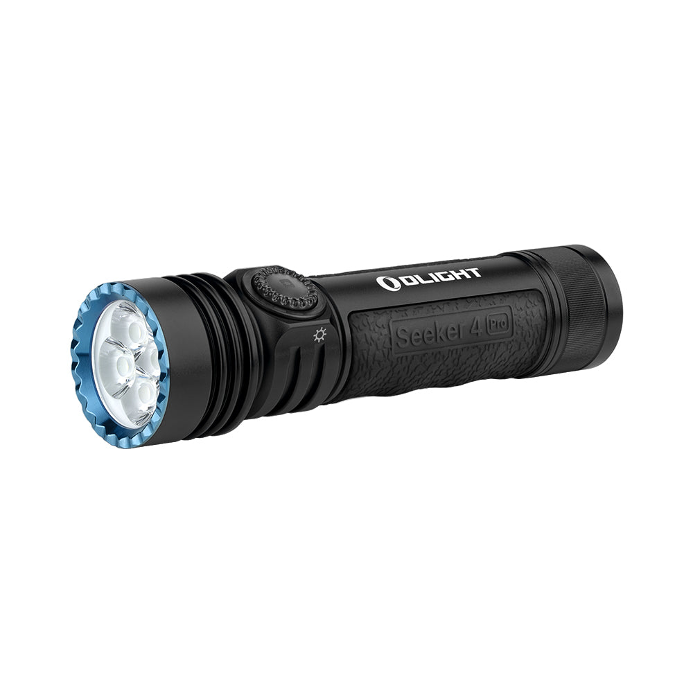 MUCITUP Olight Seeker 4 Pro rechargeable flashlight in black, showcasing USB-C port and magnetic charging feature.