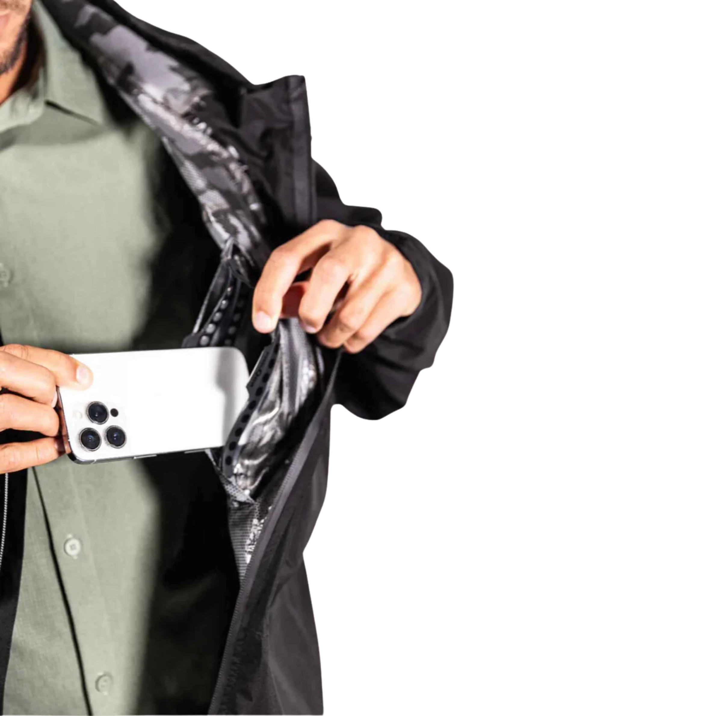 Black Dry Pocket waterproof rain jacket with a built-in waterproof pocket, designed for fishing and outdoor rain protection.