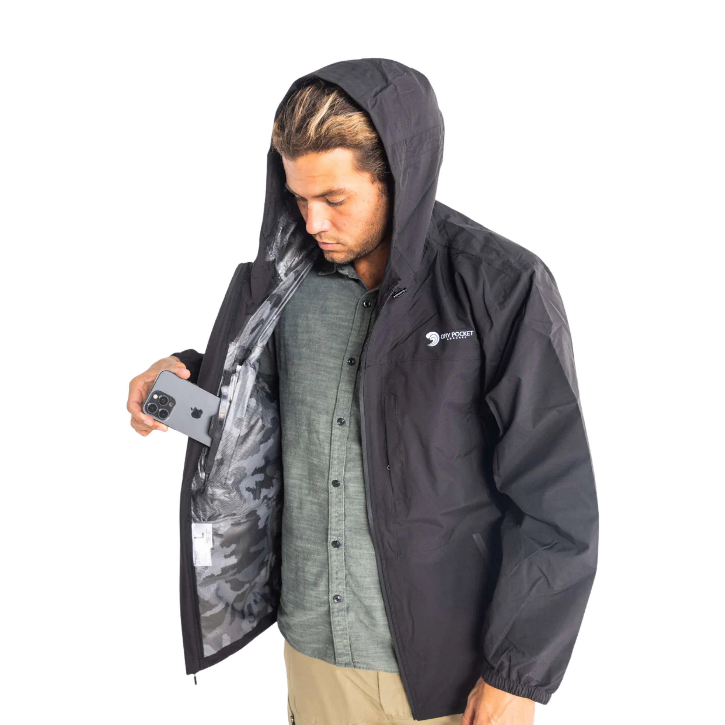 Black Dry Pocket waterproof fishing rain jacket with a durable waterproof pocket, designed for outdoor rain and fishing protection.
