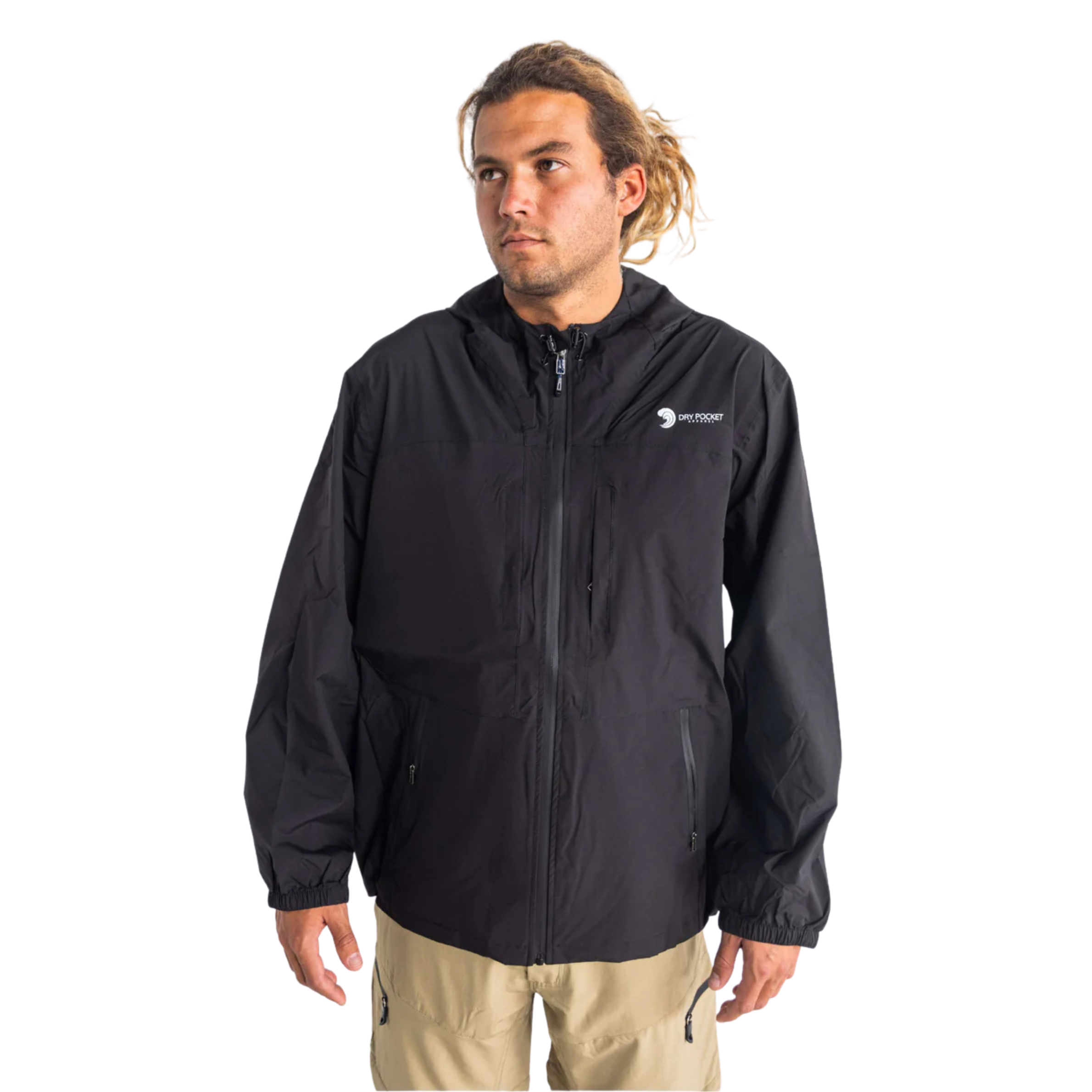 Black Dry Pocket waterproof rain jacket with a visible waterproof pocket, designed for fishing and outdoor rain protection.
