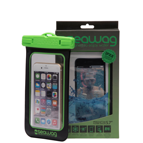 Vamo Life waterproof smartphone case from the WHITE Collection in black and green colors, designed to protect devices from water damage.