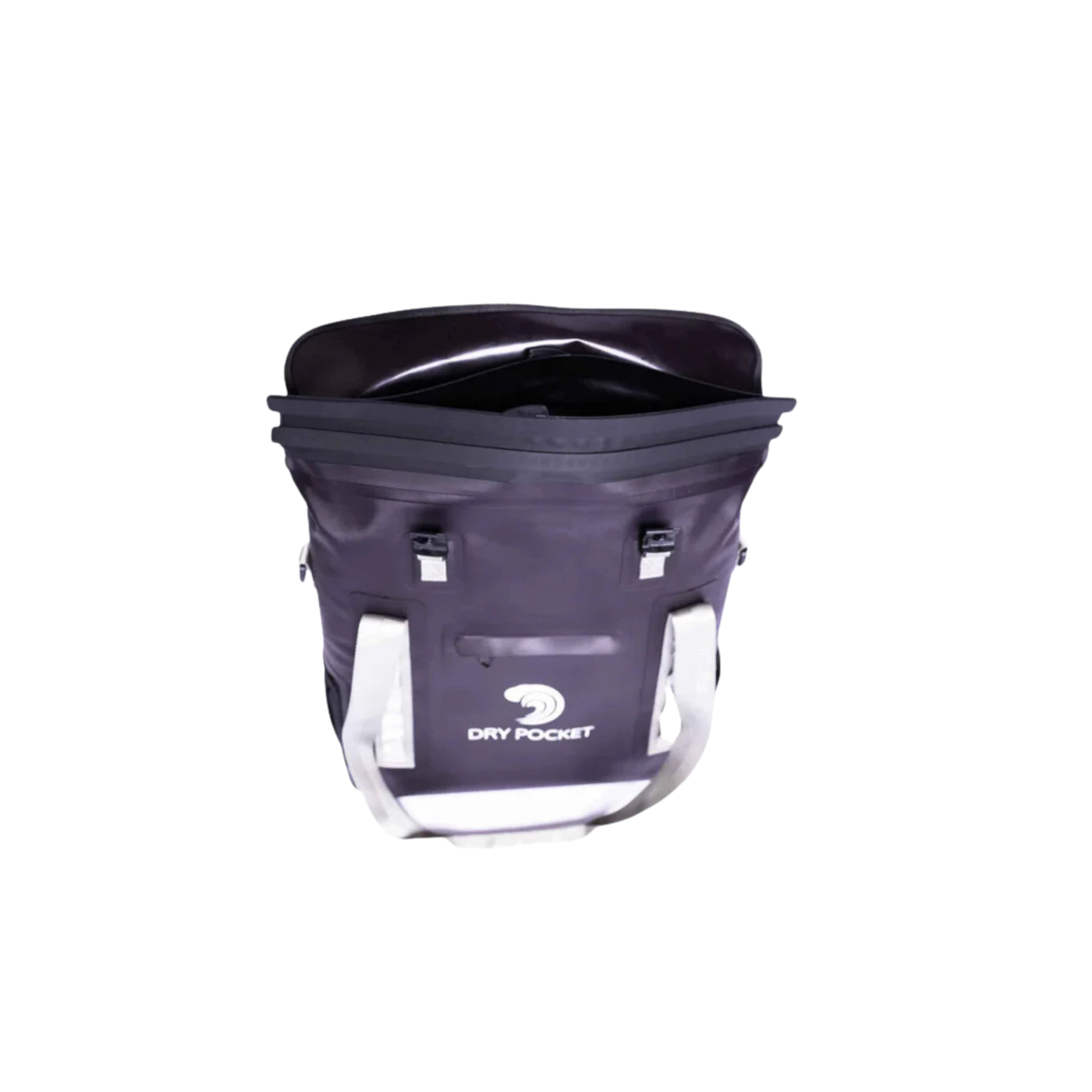 Black Dry Pocket waterproof floating tote cooler with auto sealing, designed for outdoor use and water activities.