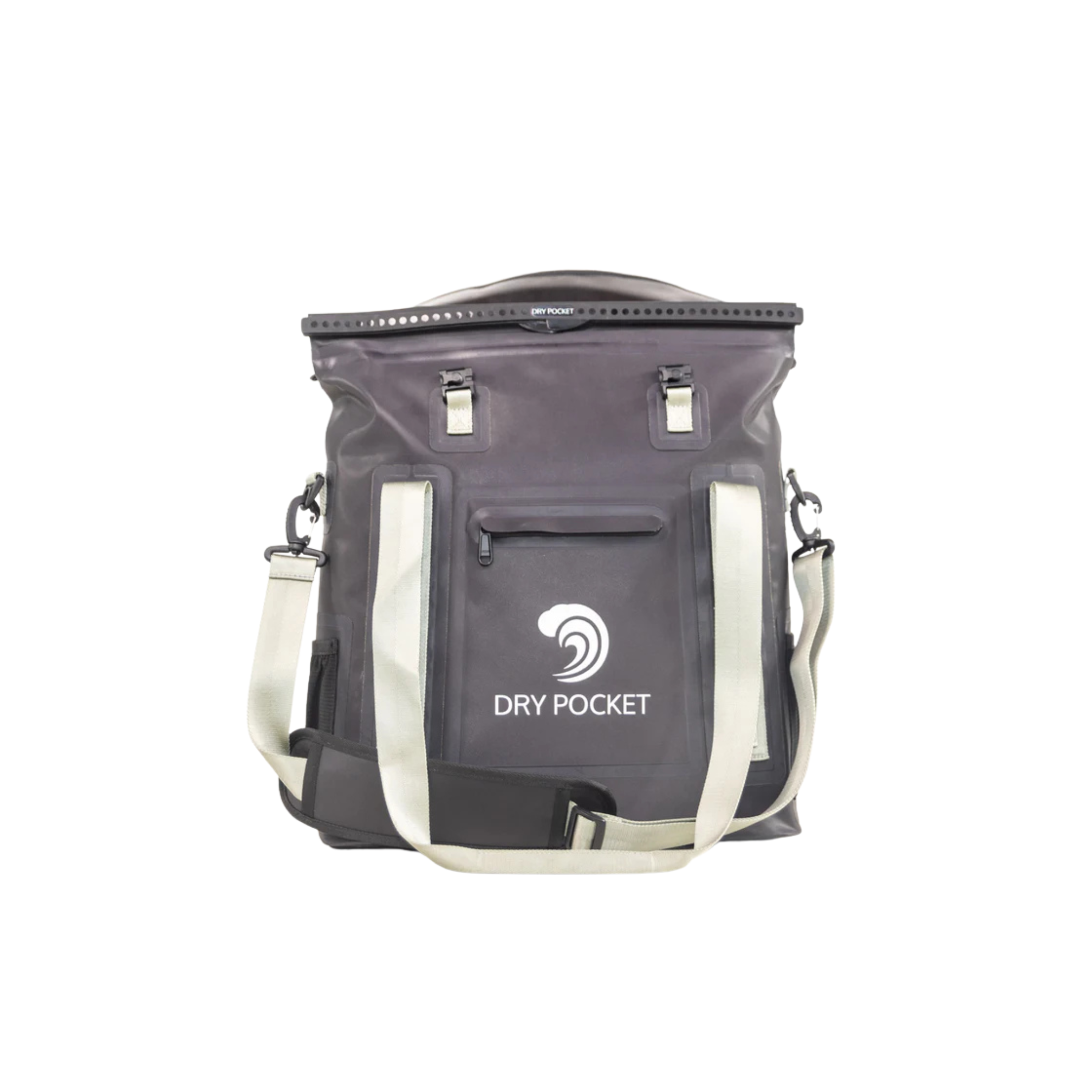 Dry Pocket waterproof floating tote cooler in black, featuring auto sealing design for convenient outdoor and water activities.