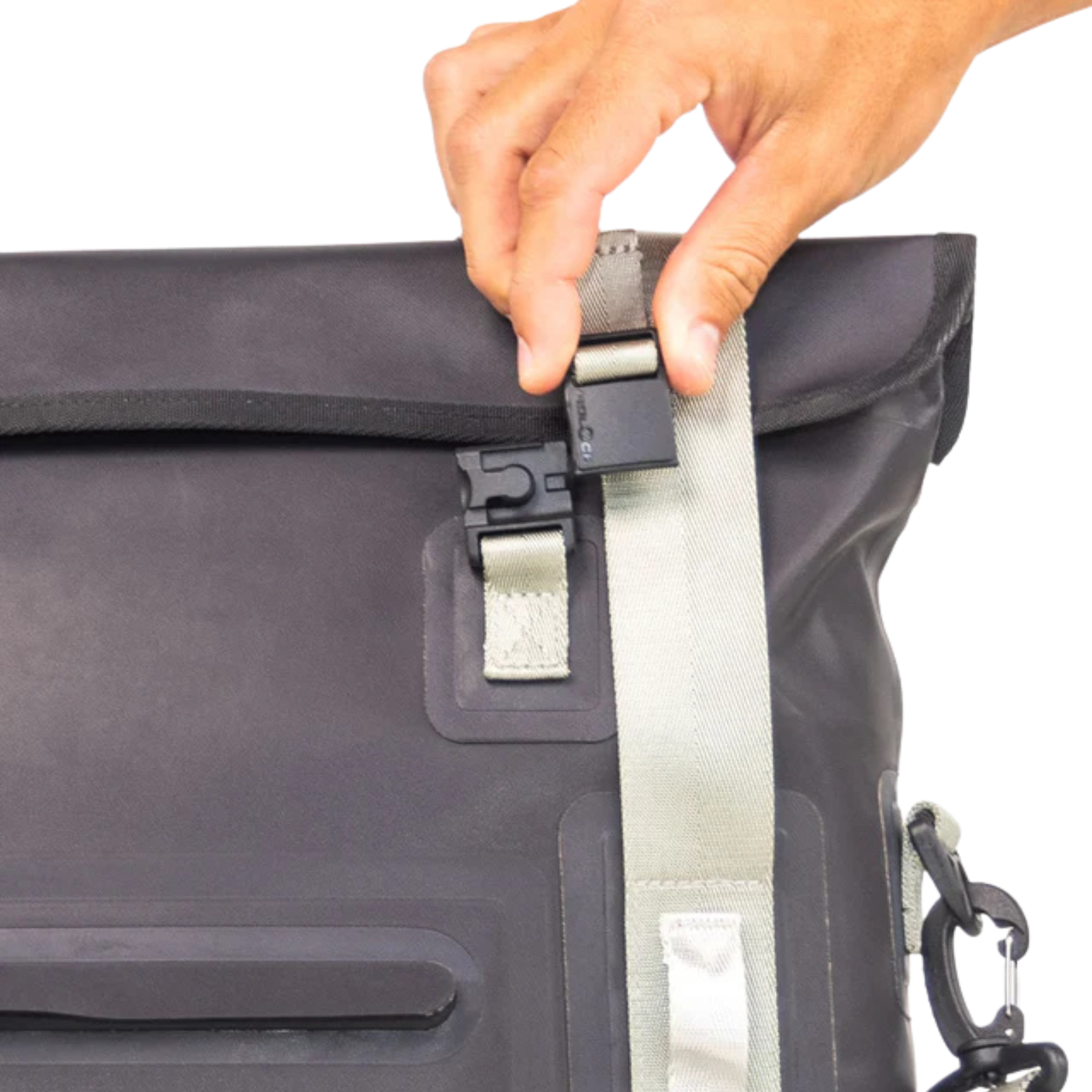 Black Dry Pocket waterproof floating tote cooler with auto-sealing lid, designed for outdoor and aquatic activities.