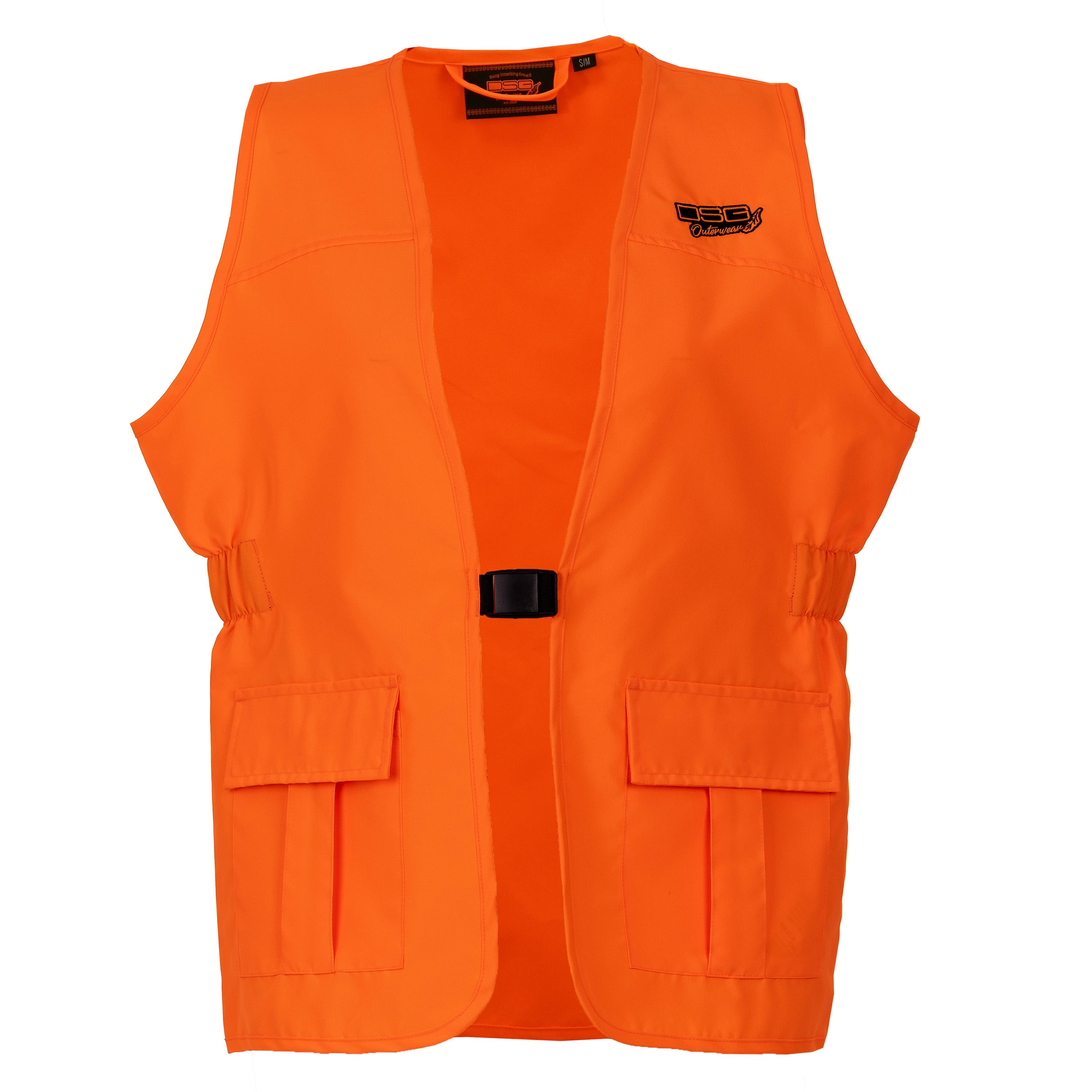 DSG OUTERWEAR Blaze Vest 2.0 in blaze orange, front view showing lightweight design and reflective details for visibility.
