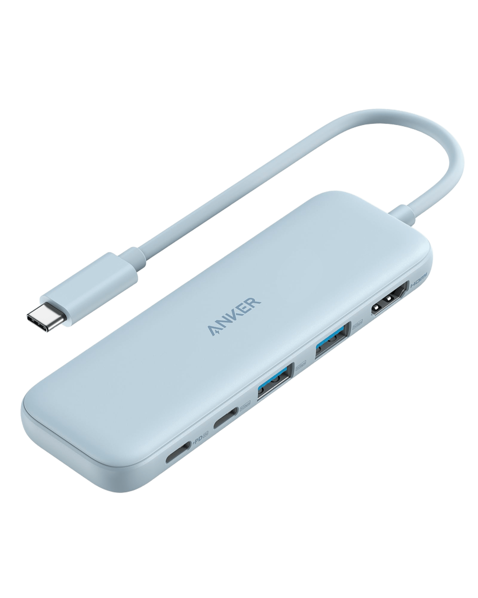 Refurbished Anker 332 USB-C Hub 5-in-1 with blue exterior, showing multiple ports and sleek design for versatile connectivity.