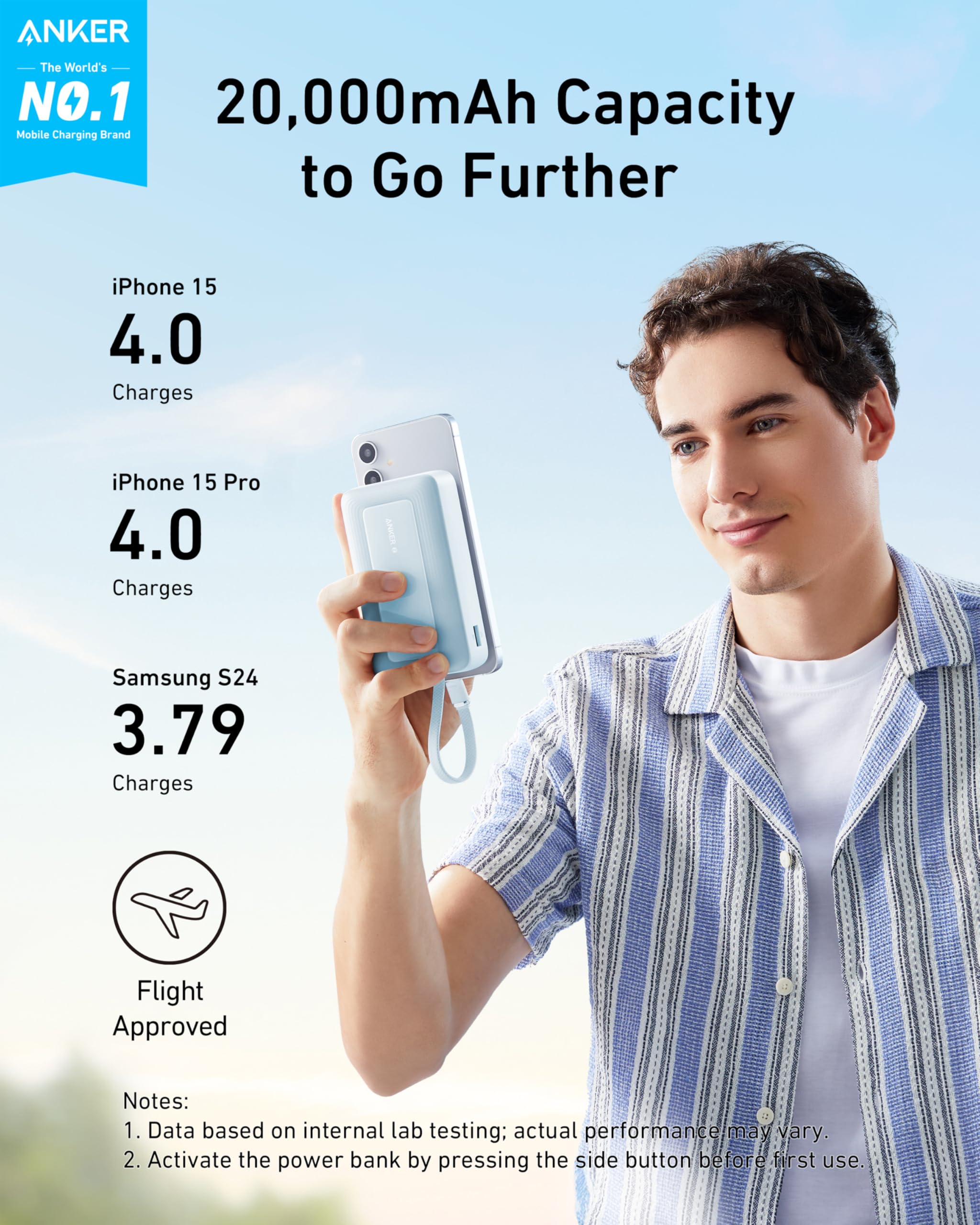Blue Anker Zolo Power Bank 10K with 30W output and built-in 5.4-inch USB-C cable, portable mobile device charger