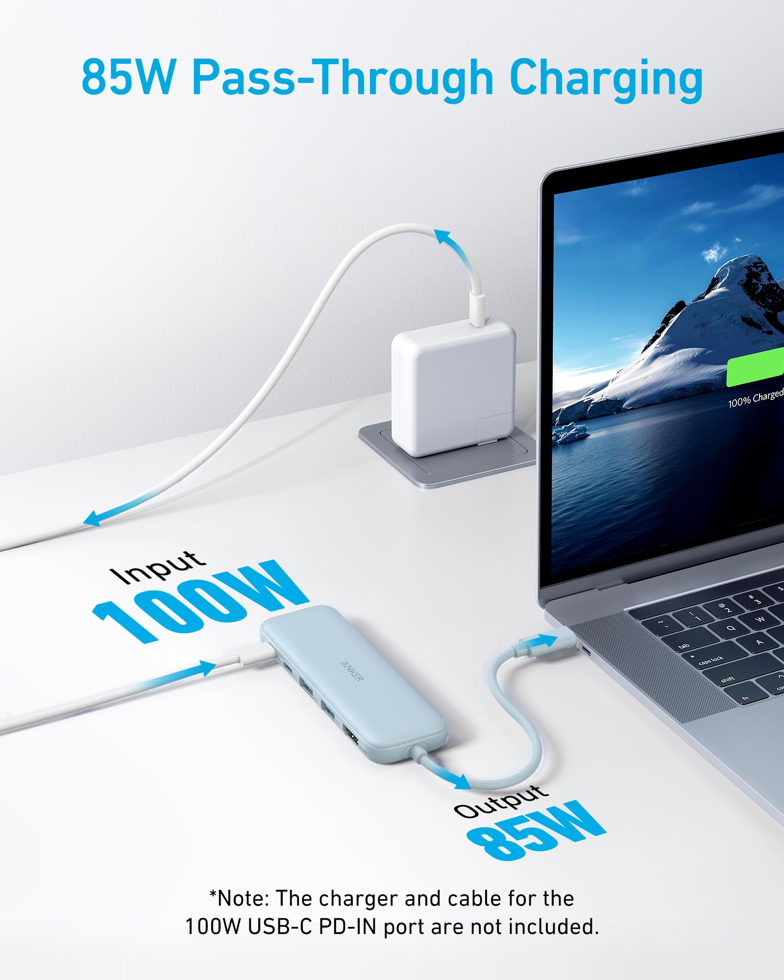 Refurbished Anker 332 USB-C Hub 5-in-1 with blue casing, featuring multiple ports for versatile device connectivity.