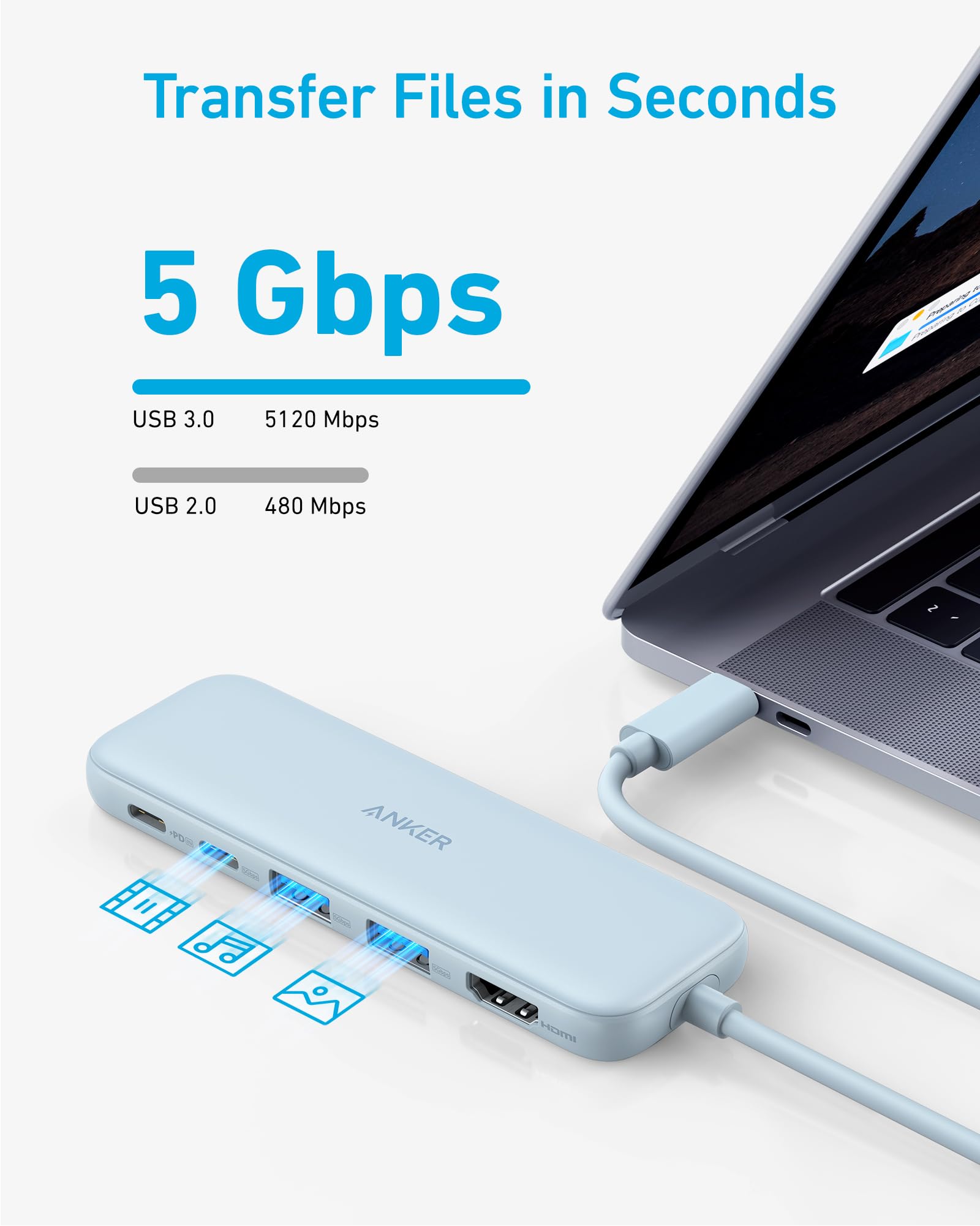 Refurbished Anker 332 USB-C Hub 5-in-1 with blue design showing multiple ports on a sleek black surface.