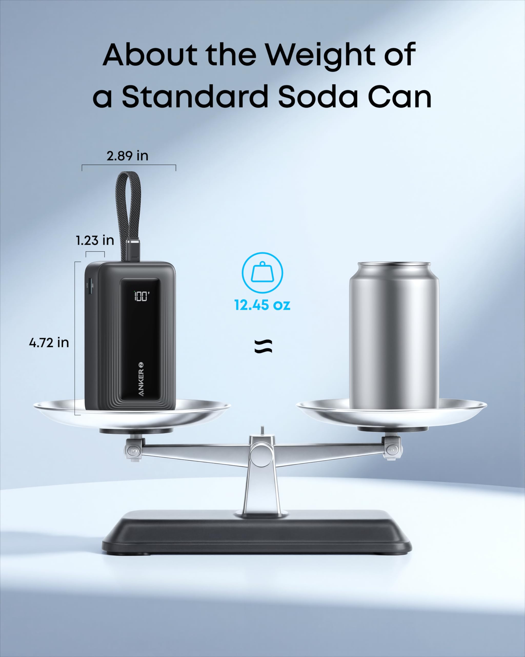 Anker Zolo 10K 30W power bank with blue exterior and built-in 5.4-inch USB-C cable, compact portable charging device