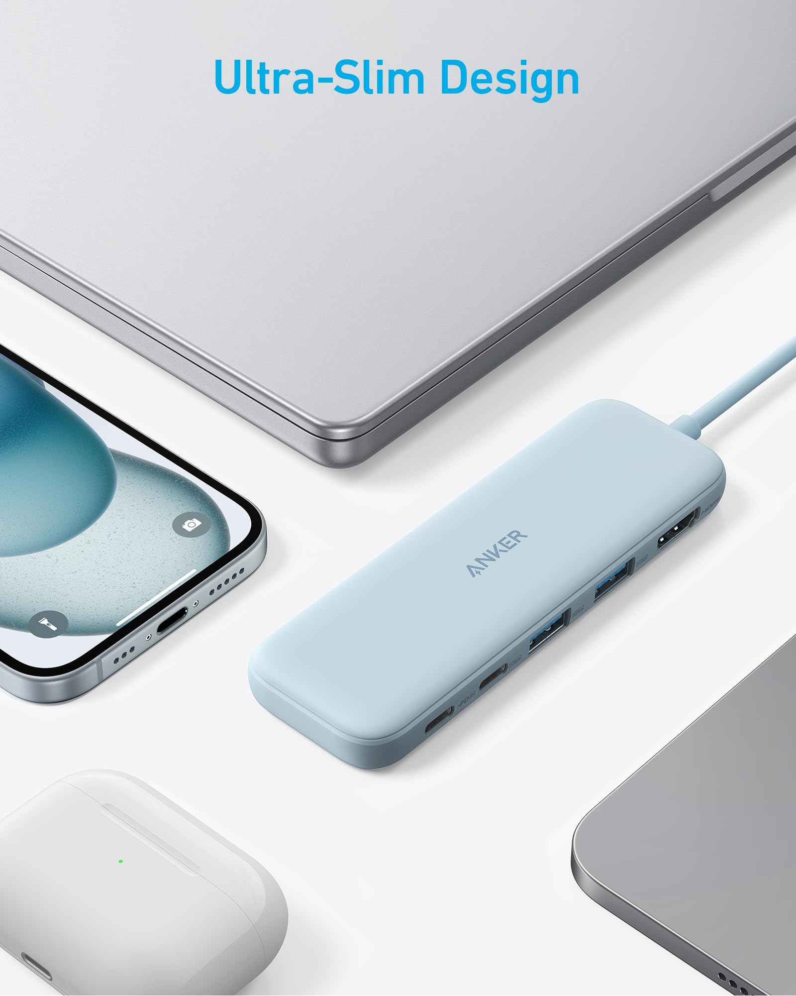Refurbished Anker 332 USB-C Hub 5-in-1 with blue exterior, featuring multiple ports for versatile device connectivity.