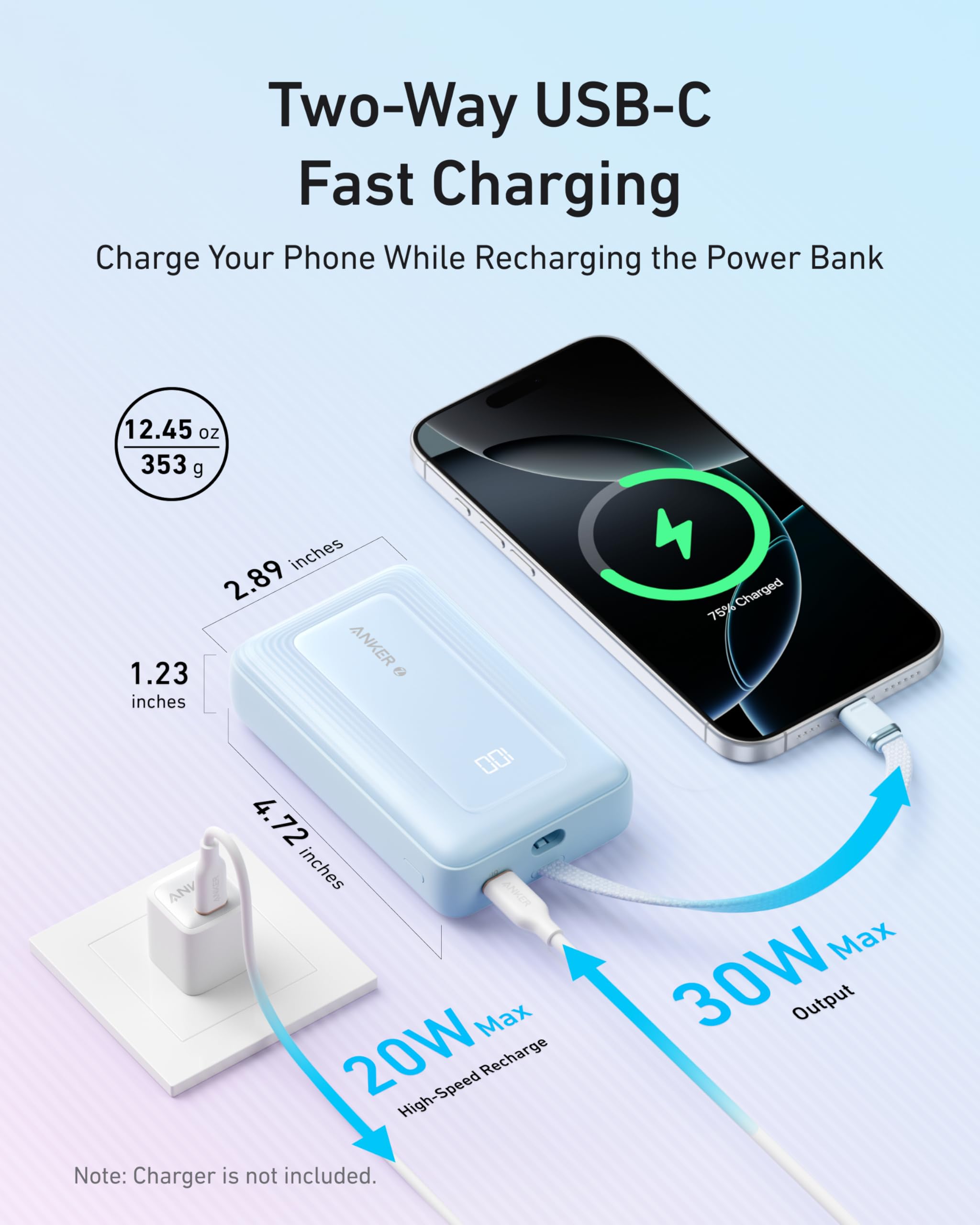 Blue Anker Zolo Power Bank with 10,000mAh capacity, 30W fast charging, and built-in 5.4-inch USB-C cable on a neutral background.