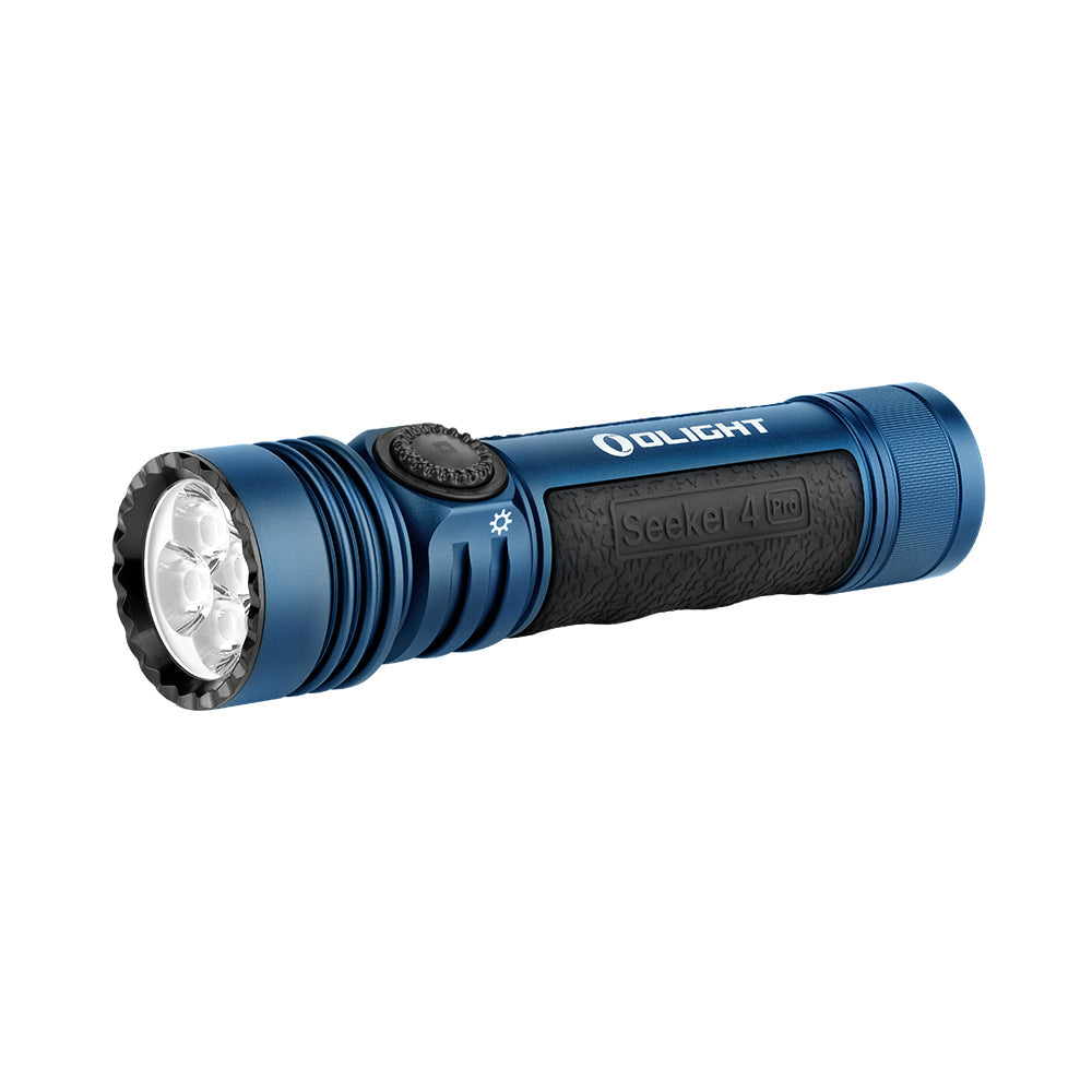 MUCITUP Olight Seeker 4 Pro rechargeable flashlight in blue, showcasing USB-C port and magnetic charging feature.