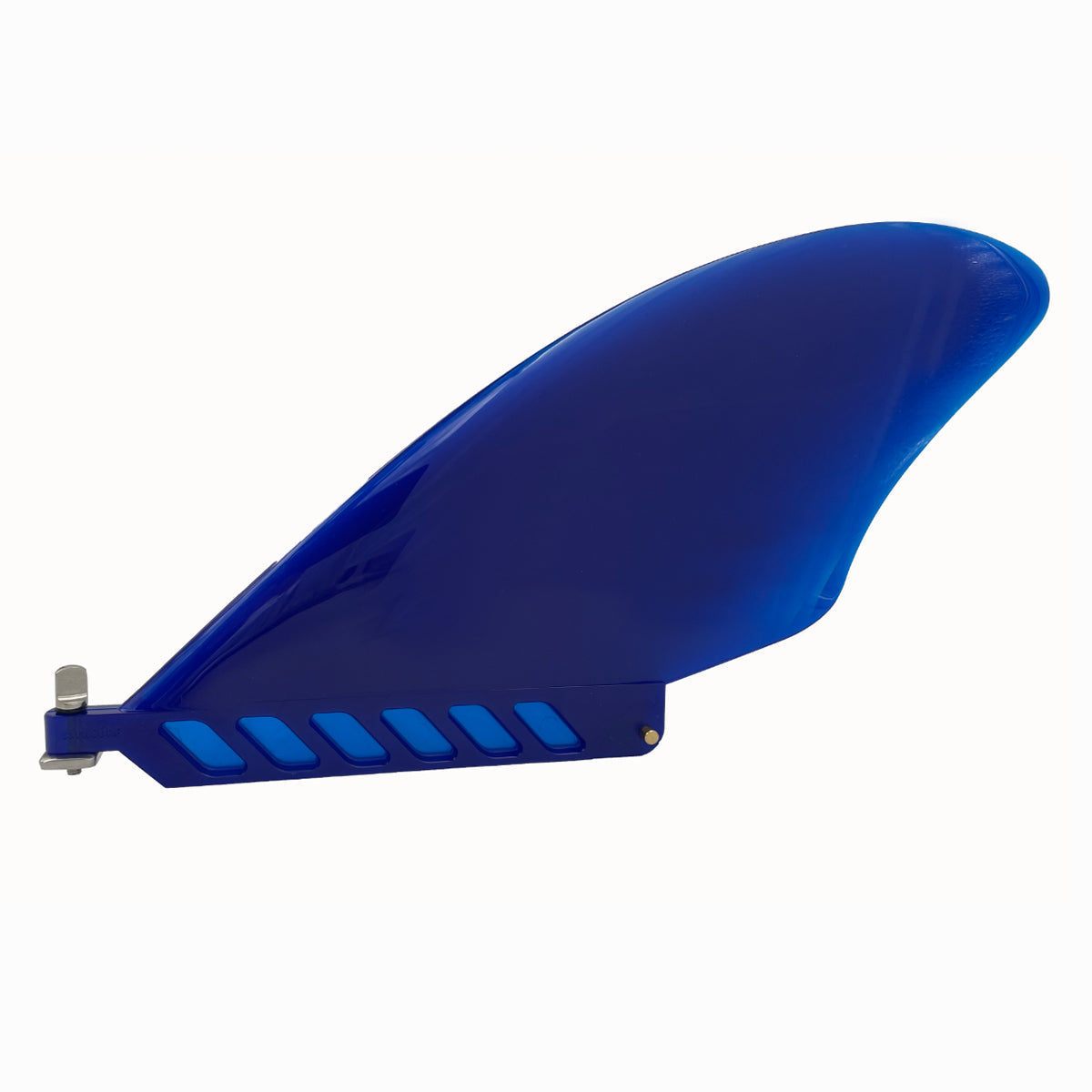 Blue Vamo Life 5.5-inch Findestructible Safety Flex Fin with toolless screw for surfboards or surf craft.