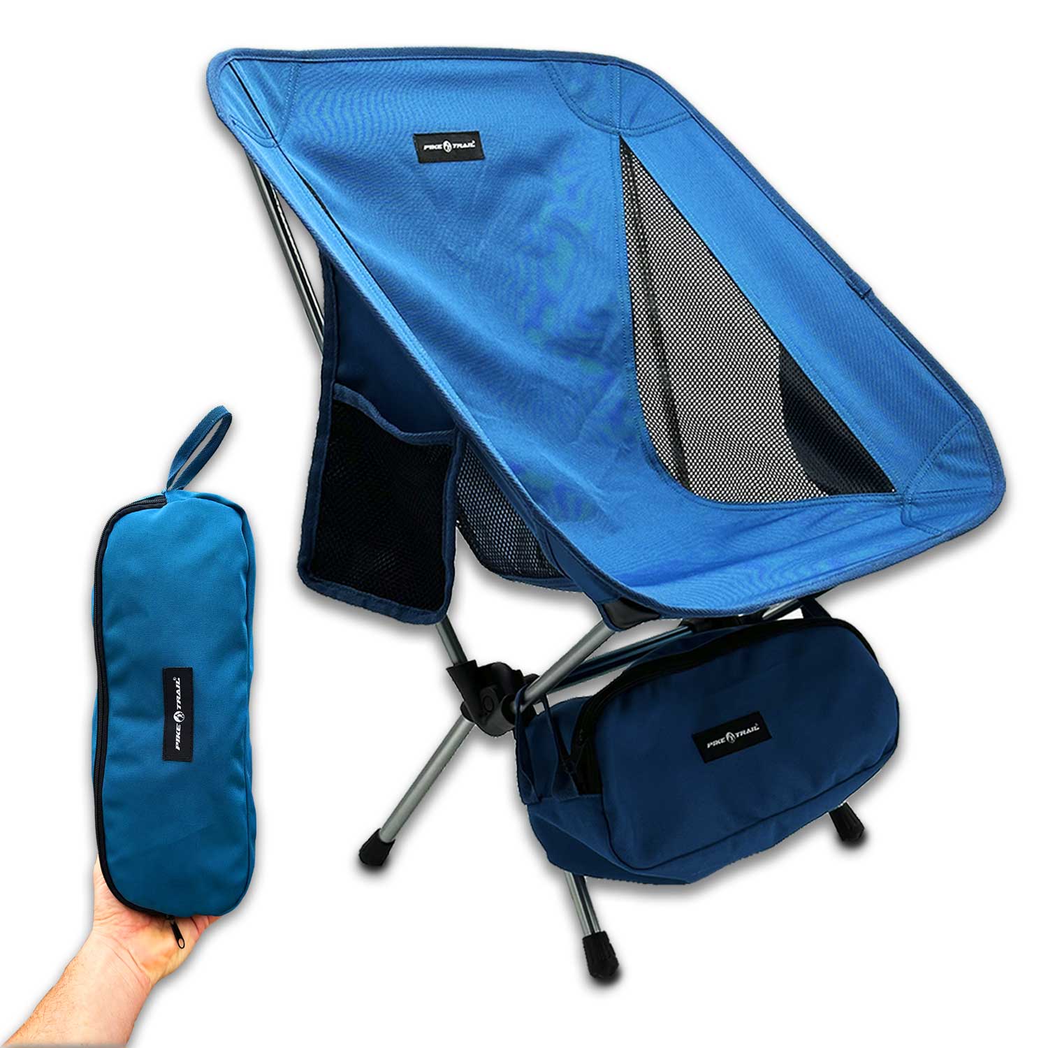 Blue Pike Trail ultralight compact outdoor camping and beach tailgate festival chair with armrests and folding design.