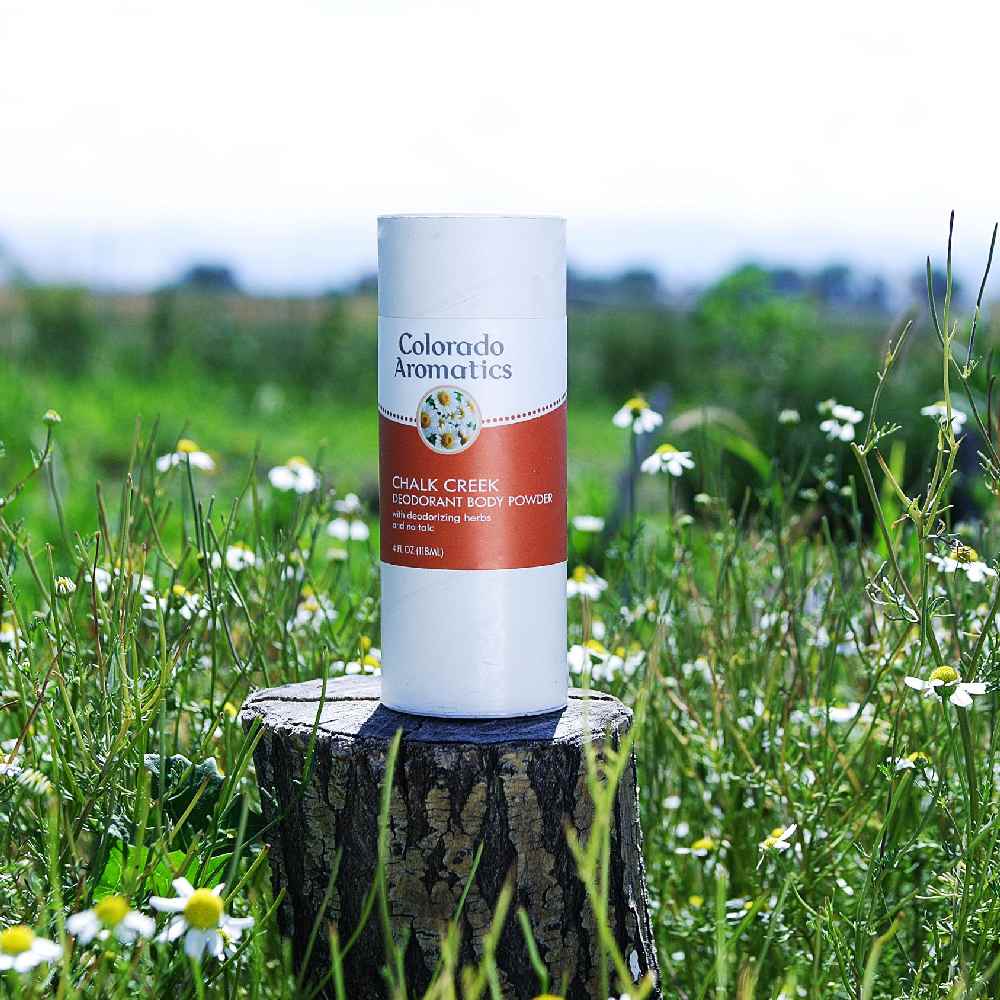 Herbal Chalk Creek Deodorant Powder by Colorado Aromatics, natural body powder with herbal ingredients for fresh scent and odor control.