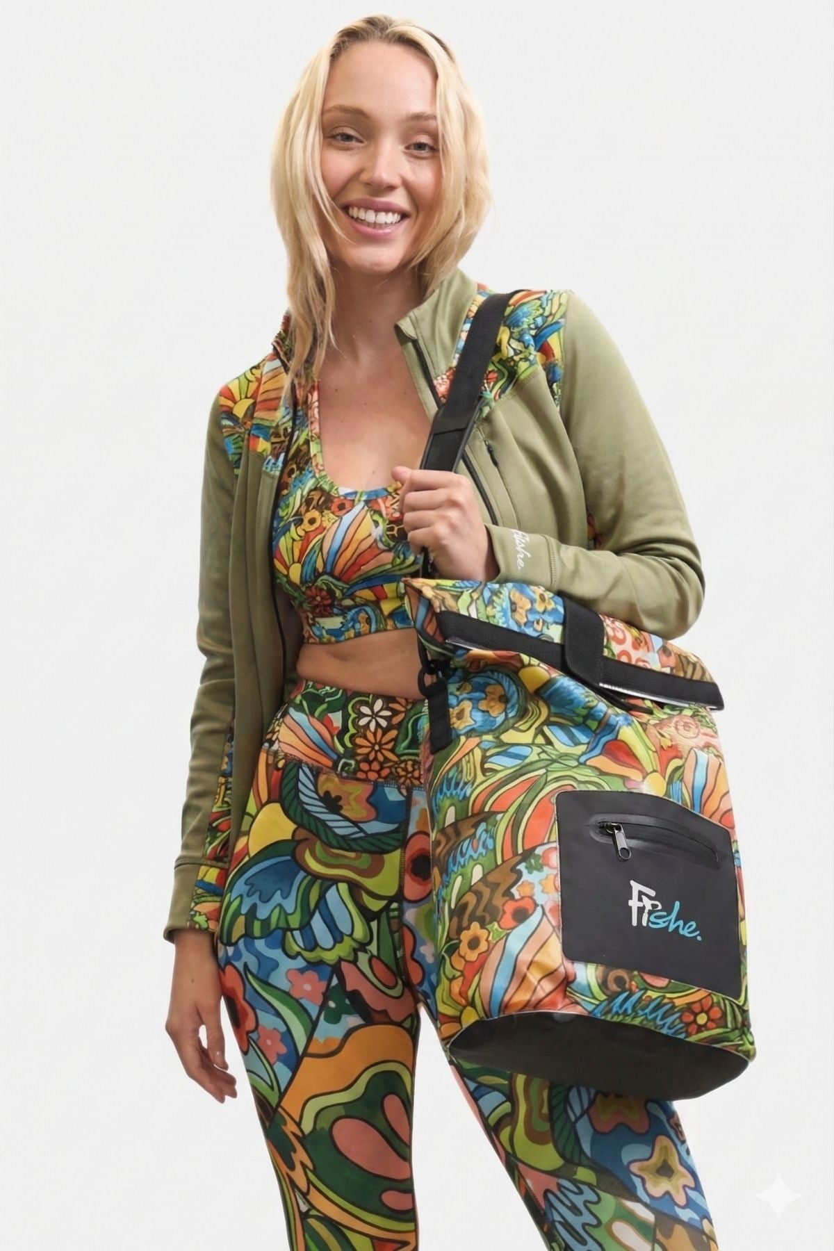 FisheWear Boho Bass Roll Tote Dry Bag in vibrant boho style, waterproof dry bag with roll-top closure for outdoor adventures.