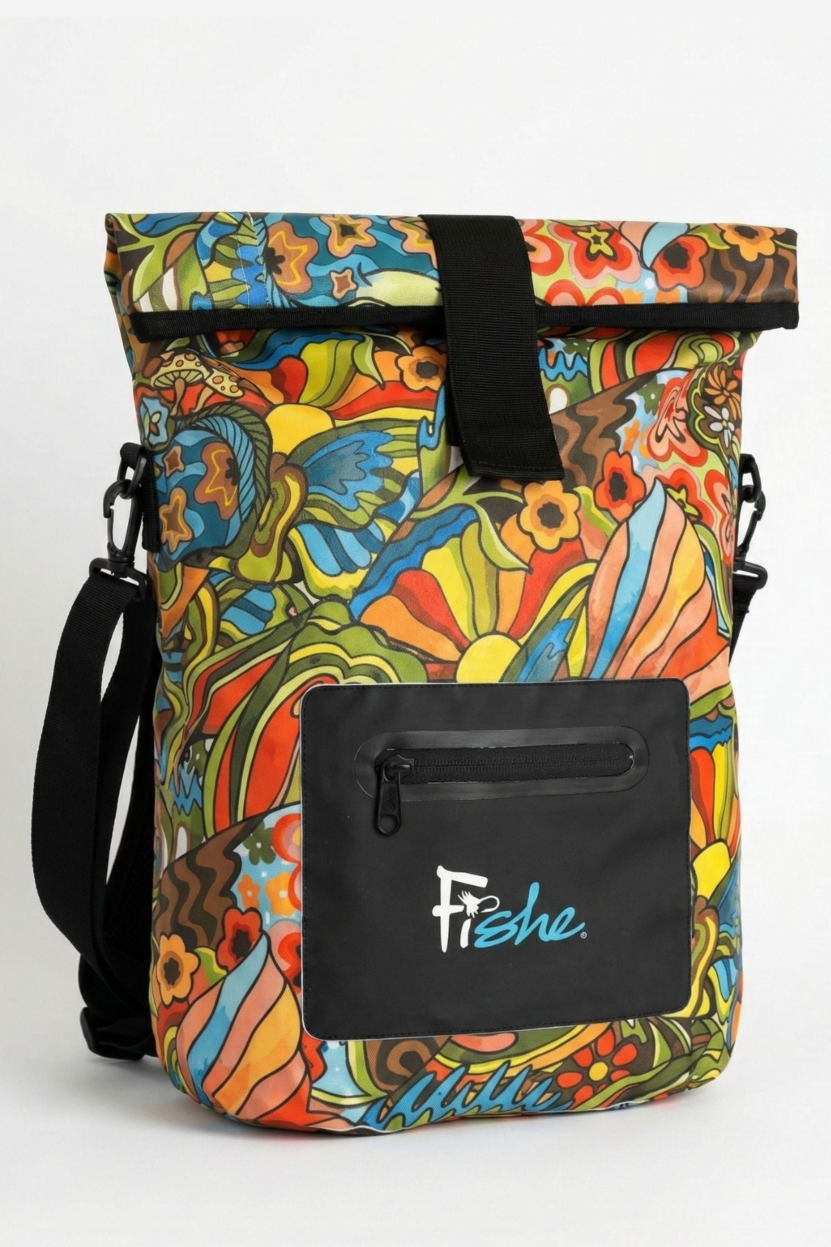 FisheWear Boho Bass Roll Tote dry bag in stylish boho design, featuring a roll-top closure and durable waterproof material.