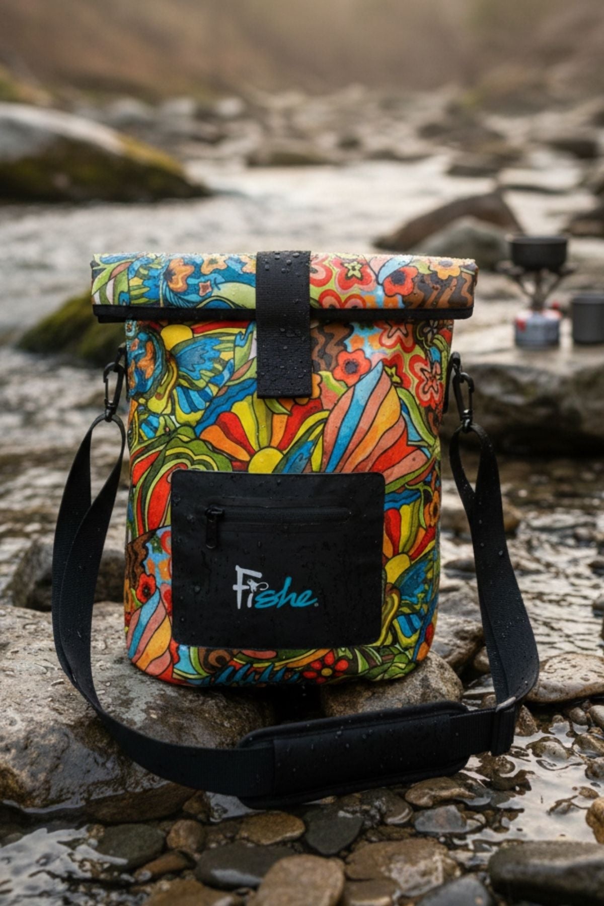 FisheWear Boho Bass Roll Tote Dry Bag with colorful boho print, waterproof design, and roll-top closure for outdoor adventures.