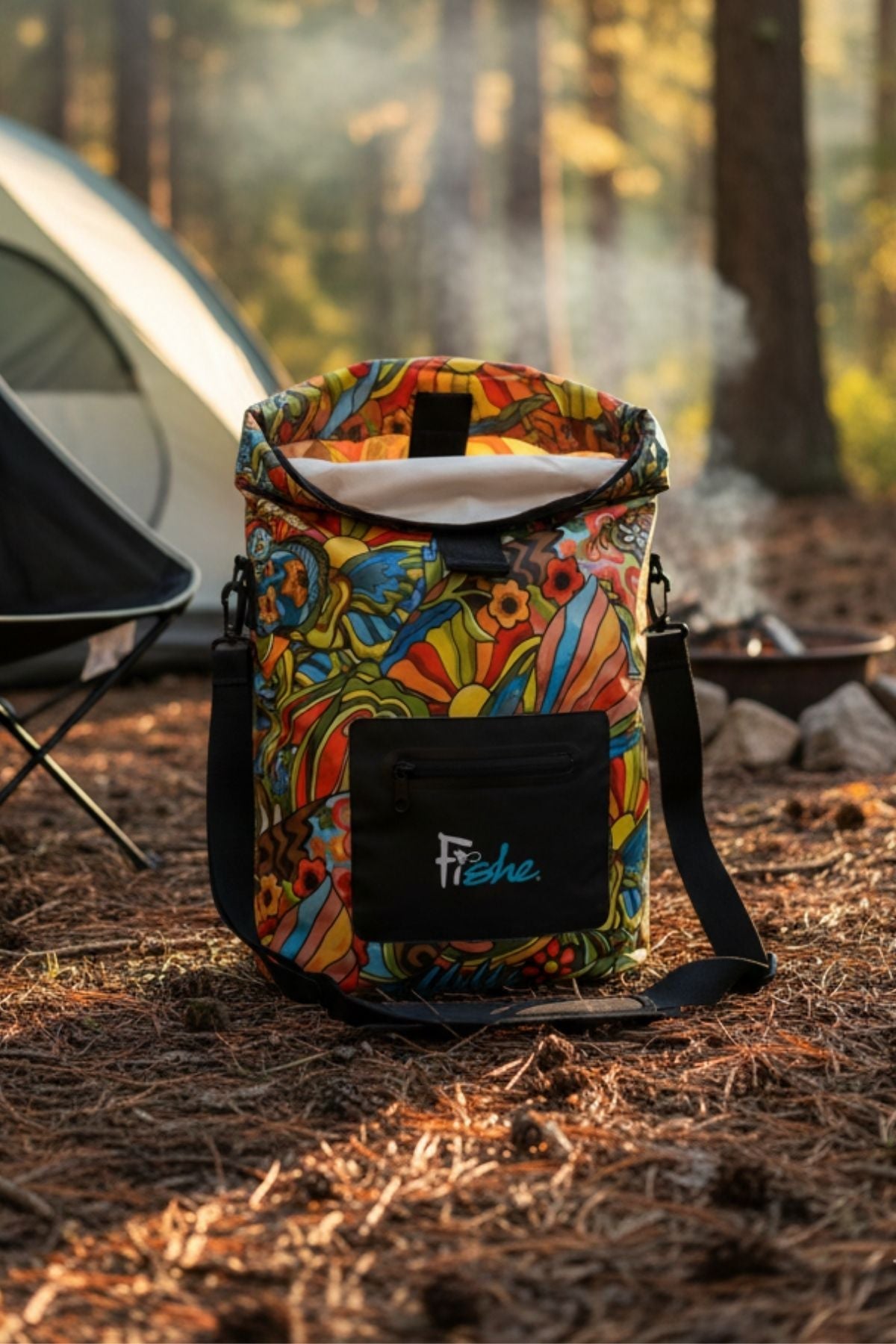 FisheWear Boho Bass Roll Tote dry bag with bohemian pattern, waterproof design, and roll-top closure for outdoor and water activities.