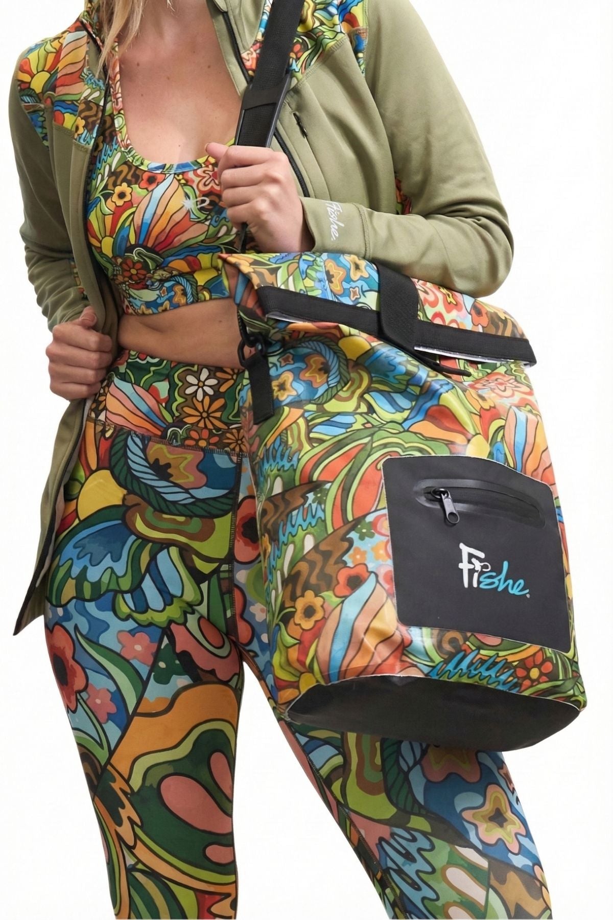 FisheWear Boho Bass Roll Tote dry bag featuring a colorful boho design, waterproof material, and roll-top closure.