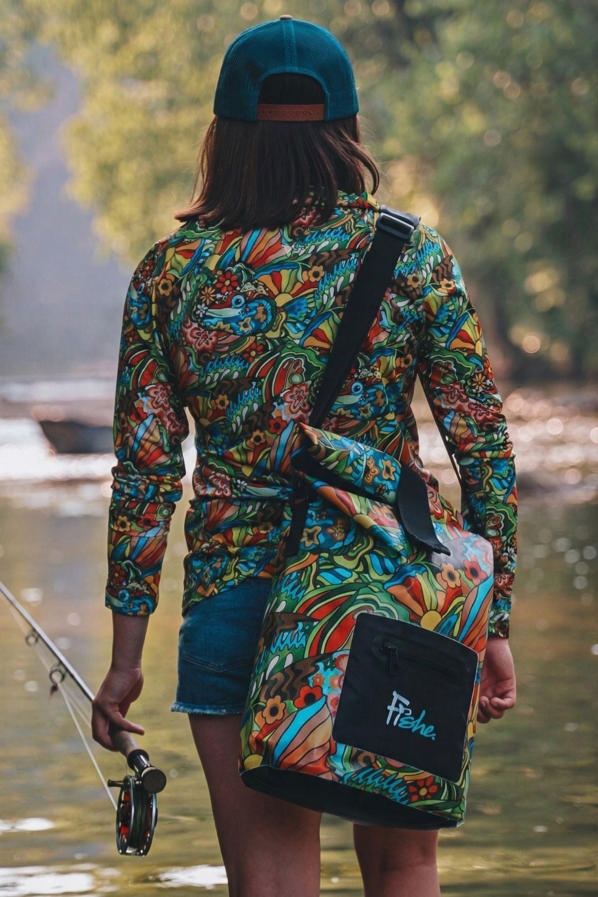 FisheWear Boho Bass Roll Tote Dry Bag showcasing its stylish boho design and durable waterproof material for outdoor use.