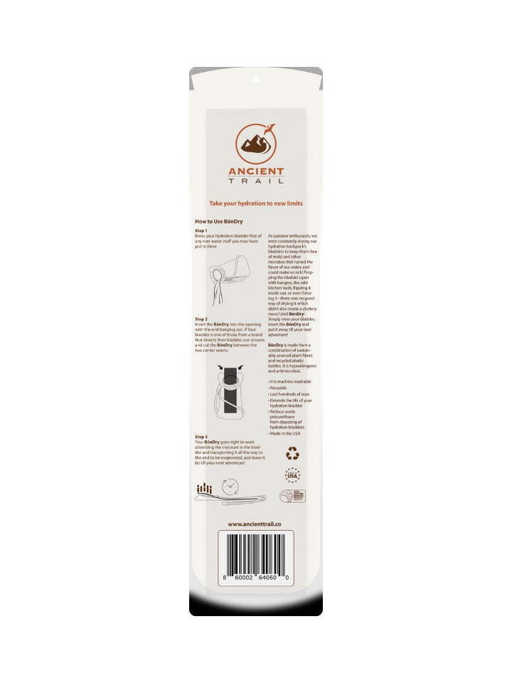 Ancient Trail BōnDry hydration bladder dryer for outdoor gear, showing compact design and drying vents for efficient moisture removal.