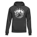 Black unisex hoodie by Outdoorzees with "Born To Ski Forced To Work" slogan, casual winter apparel for ski enthusiasts.