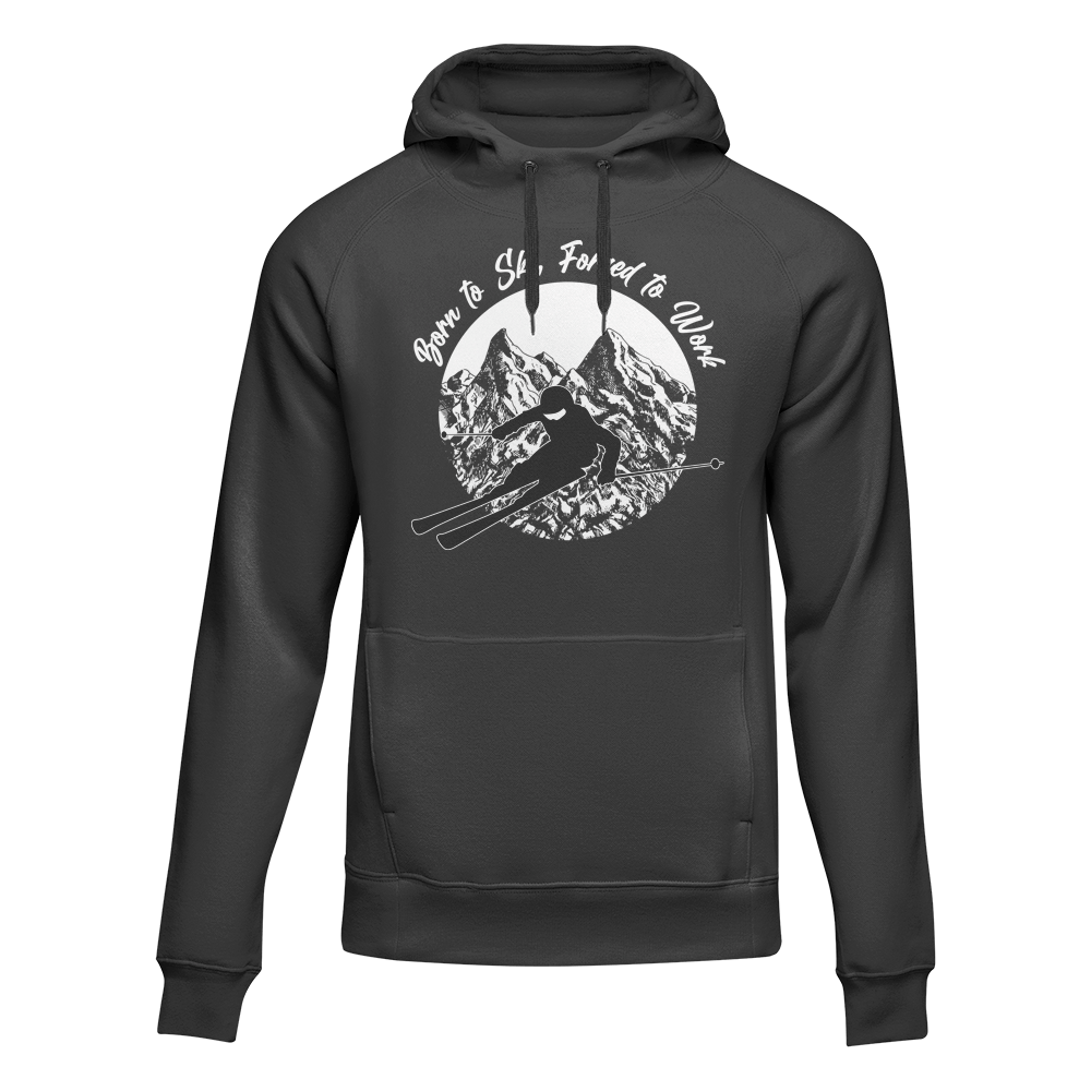 Black unisex hoodie by Outdoorzees with "Born To Ski Forced To Work" slogan, casual winter apparel for ski enthusiasts.