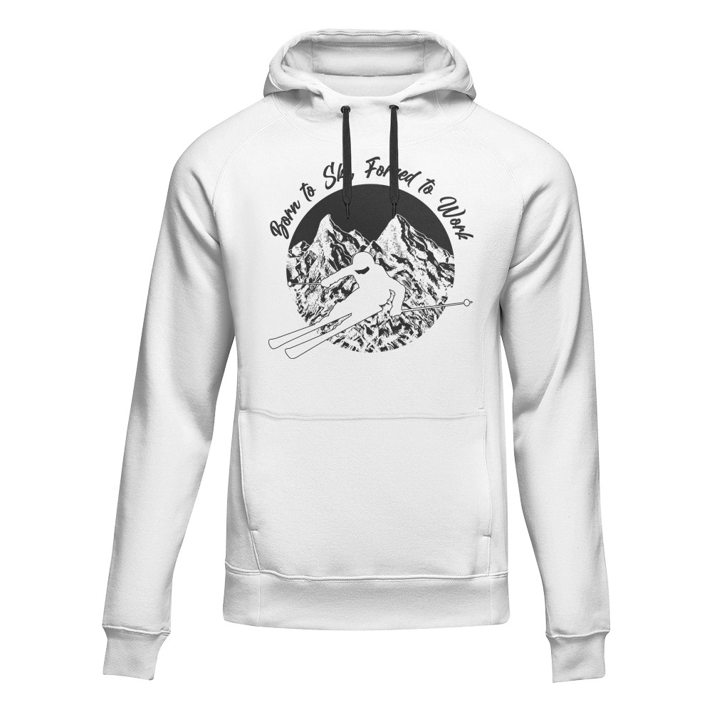 White unisex hoodie from Outdoorzees featuring "Born To Ski, Forced To Work" slogan, casual winter apparel.