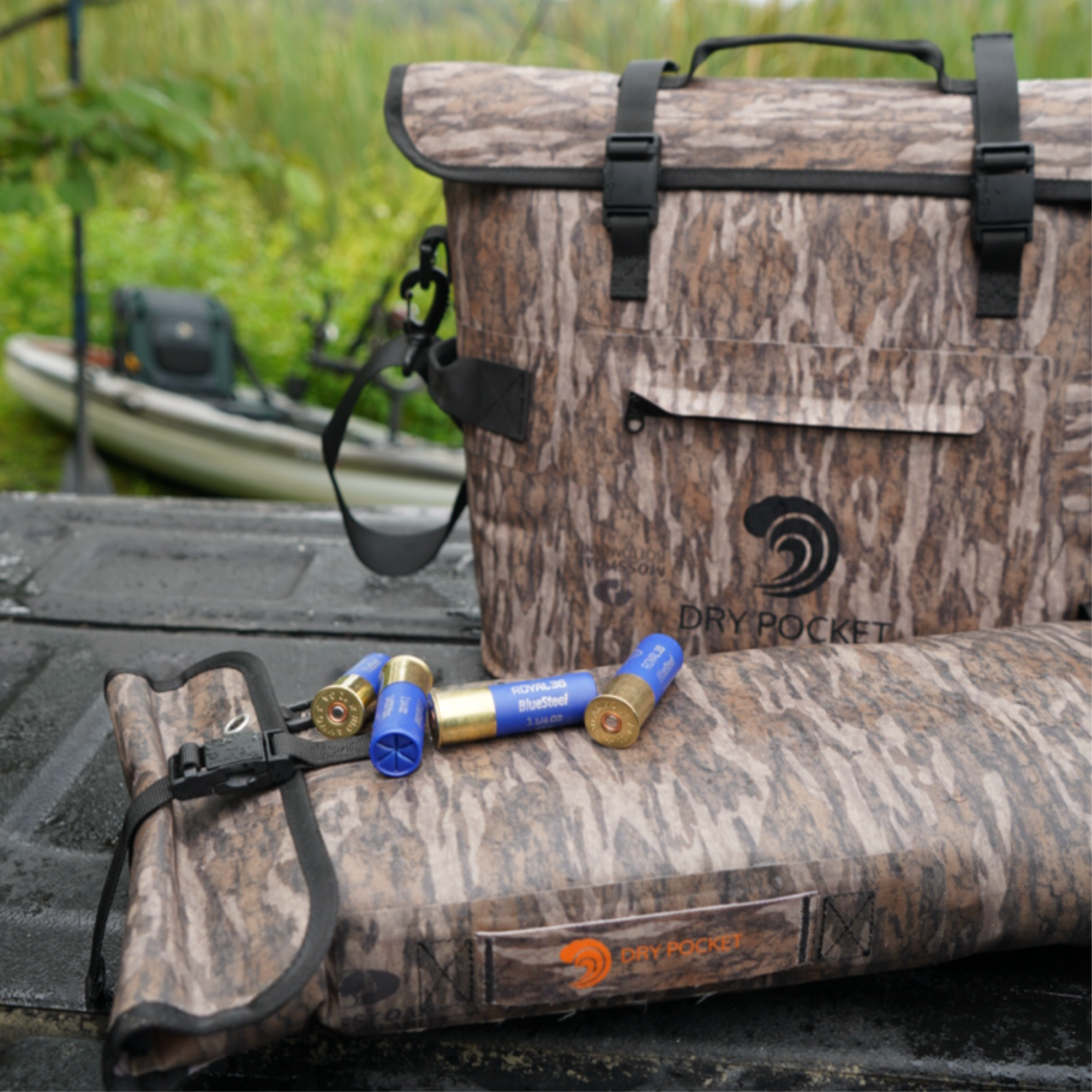 Dry Pocket waterproof floating cooler bag with auto-sealing tote design, shown in bottomland camouflage for outdoor adventures.
