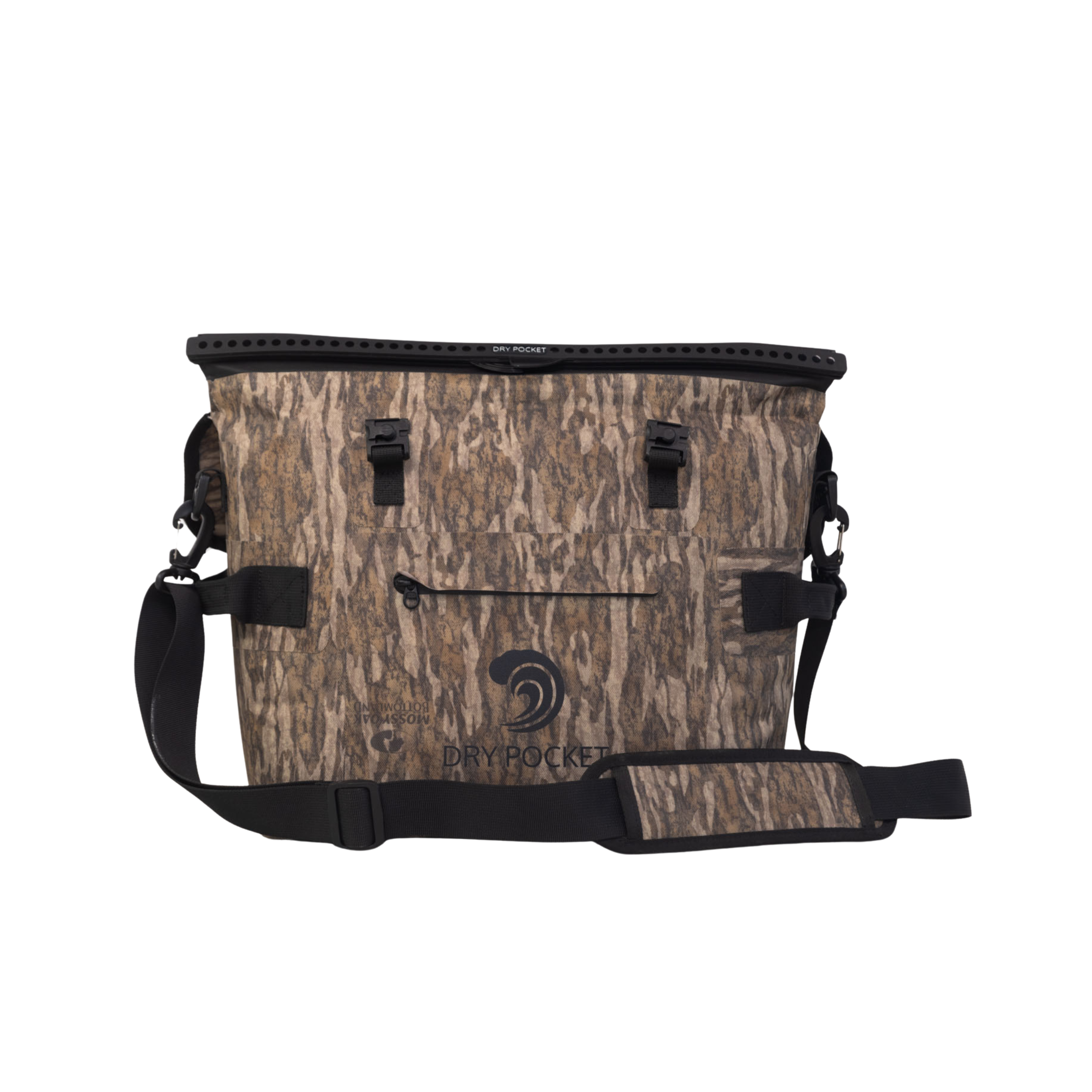 Dry Pocket waterproof floating cooler bag with auto-sealing tote design, shown in bottomland camouflage pattern.