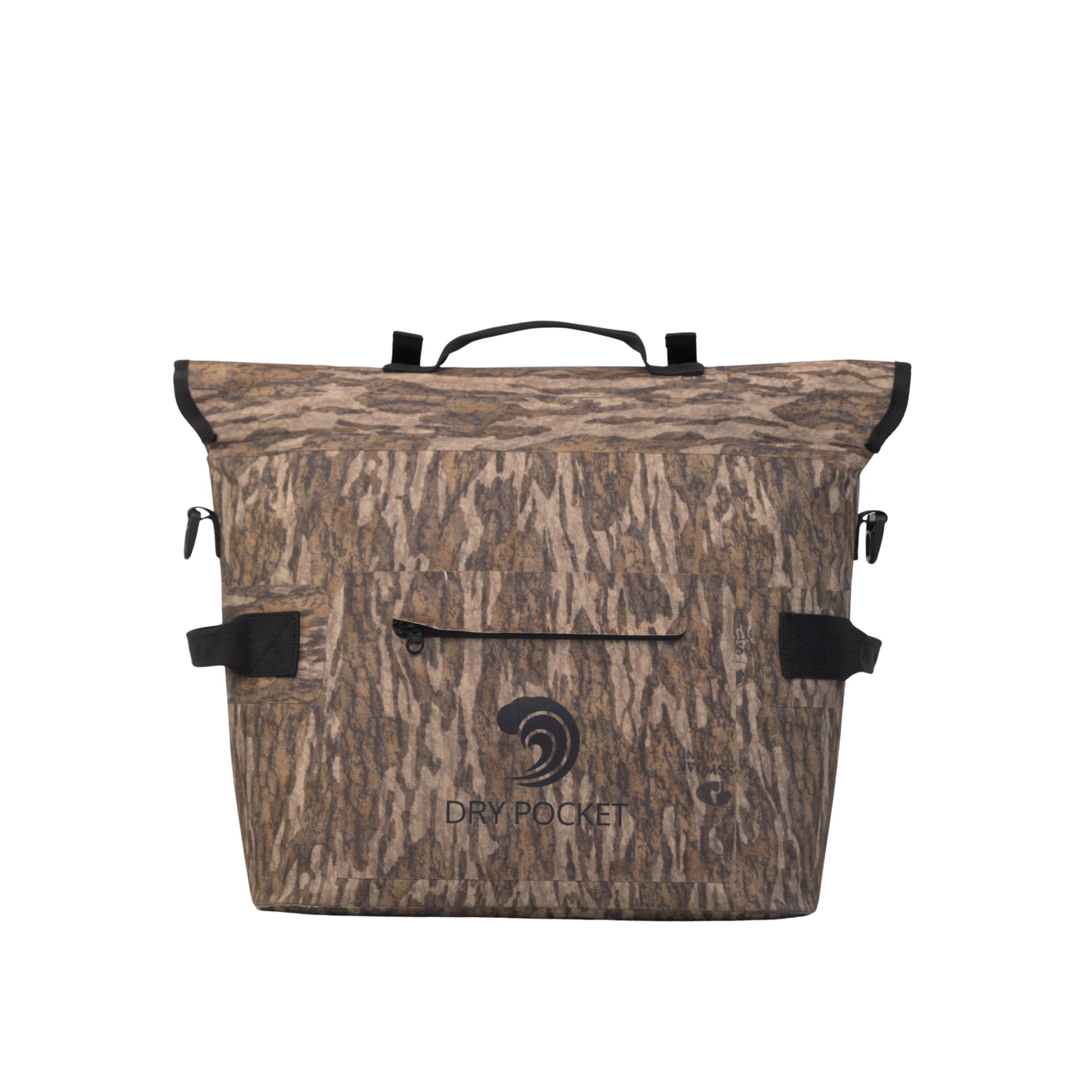 Dry Pocket waterproof floating cooler bag, auto-sealing tote cooler with bottomland camouflage design, ideal for outdoor adventures.