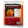 Bright orange 2-person emergency tube tent by quakekits.com, set up as a lightweight survival shelter in the outdoors.